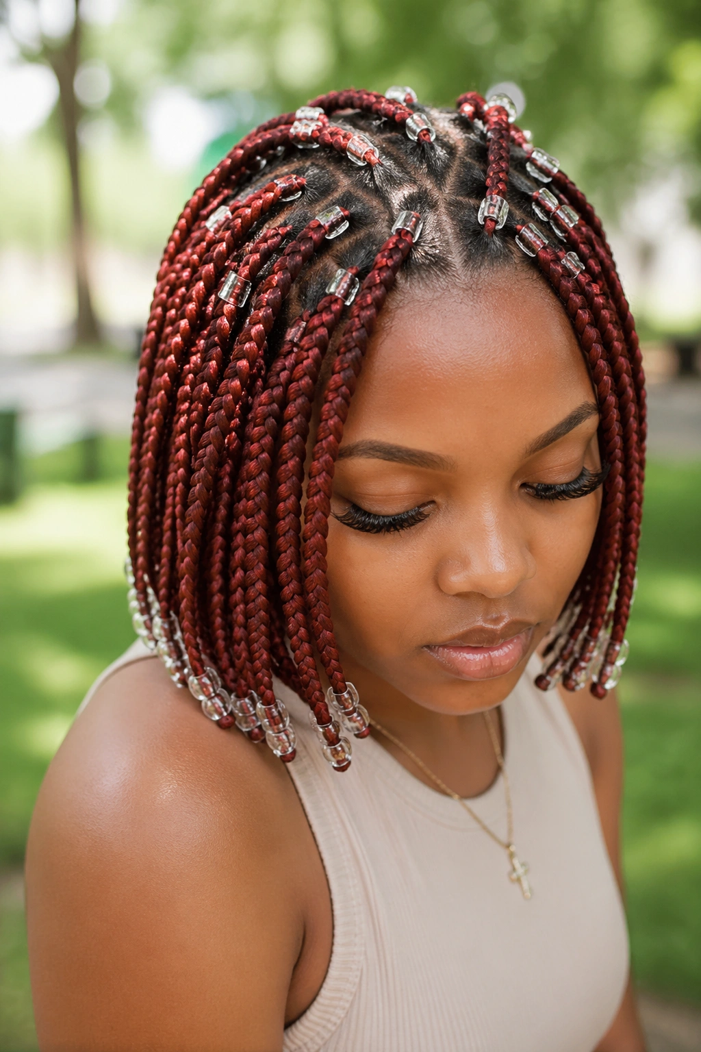 Close-up of triangle-part red box braids with transparent beads on a real woman outdoors