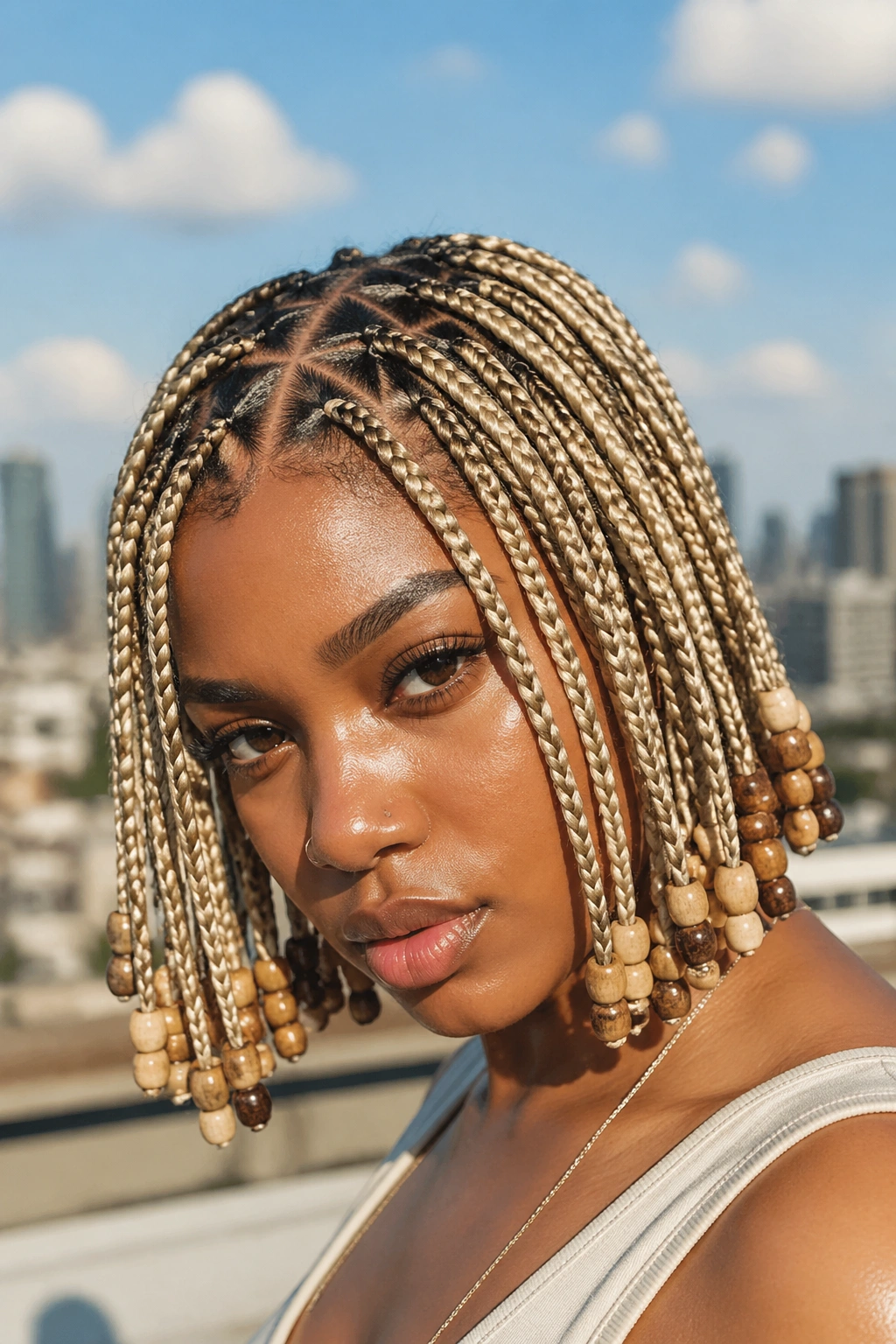 Real person with triangle-part blonde box braids and wooden beads