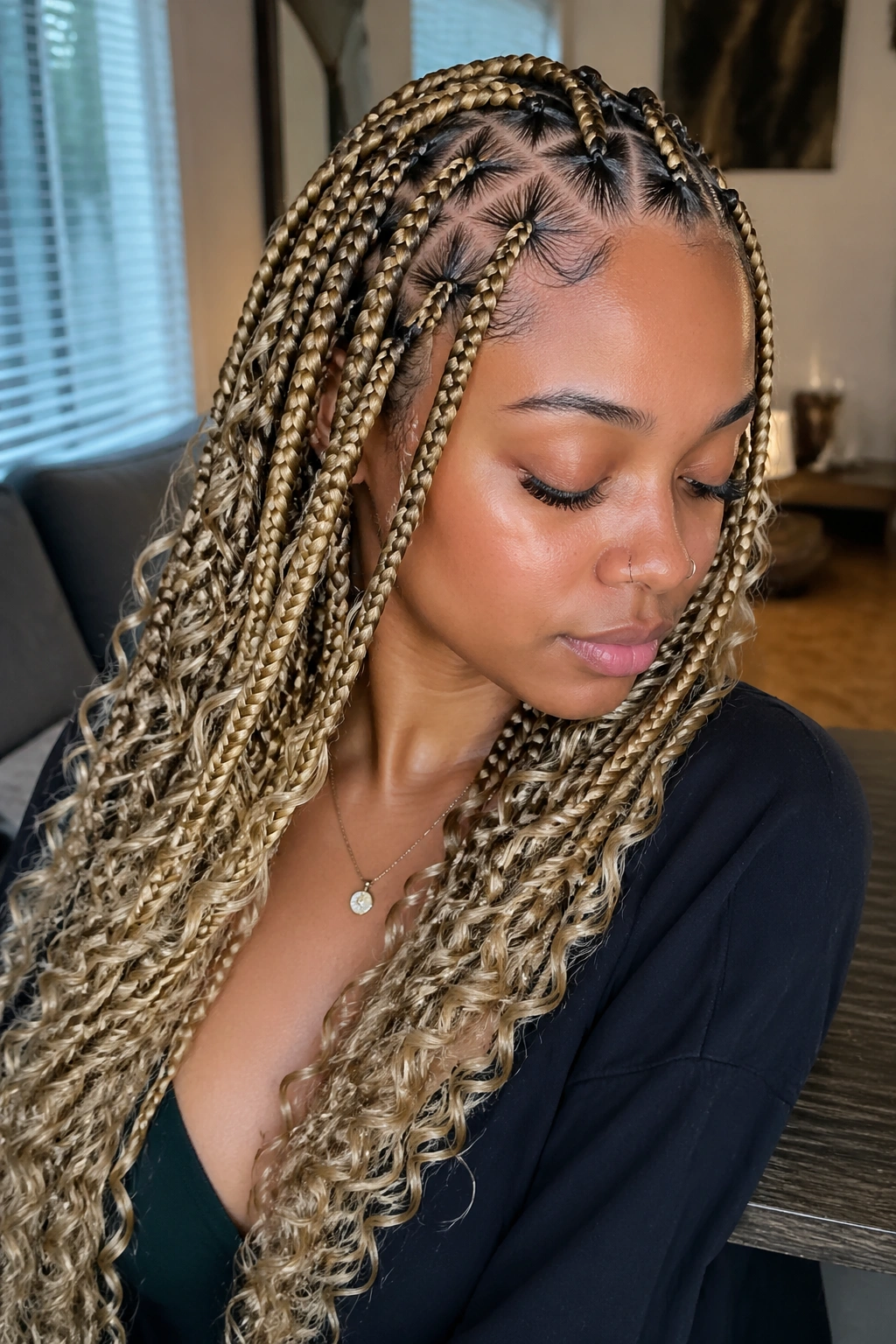 Close-up portrait of a real woman with triangle-part blonde goddess braids and curly ends