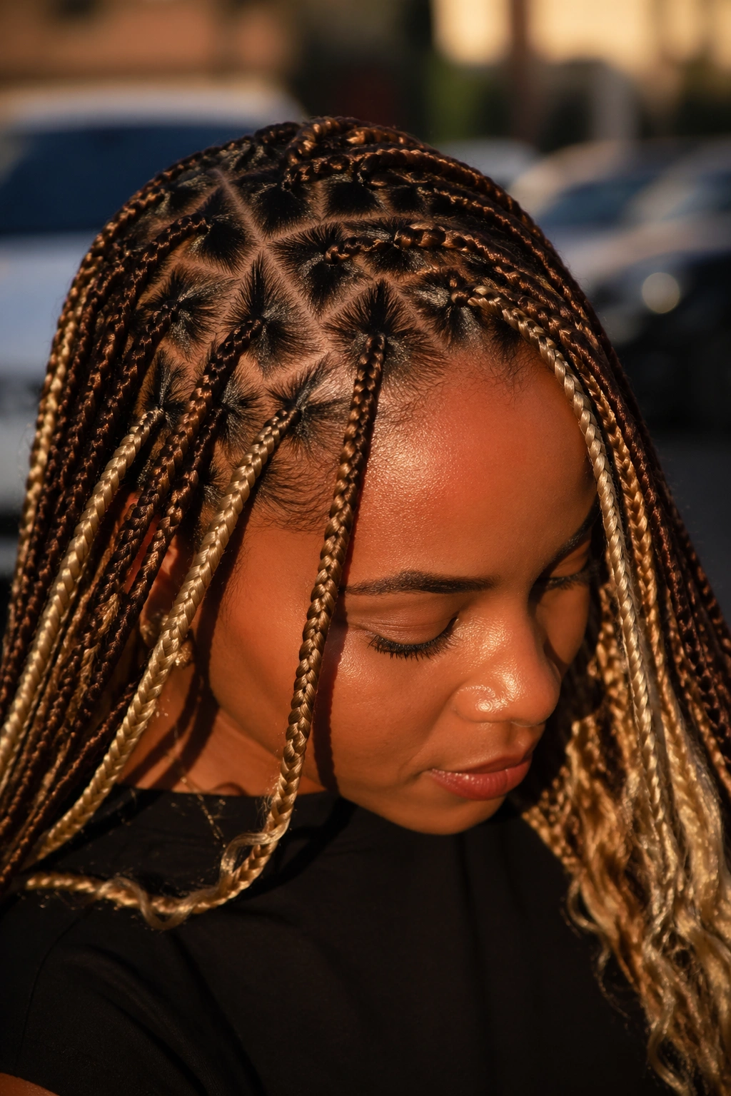 Close-up of a real woman with triangle-part blonde and brown boho box braids