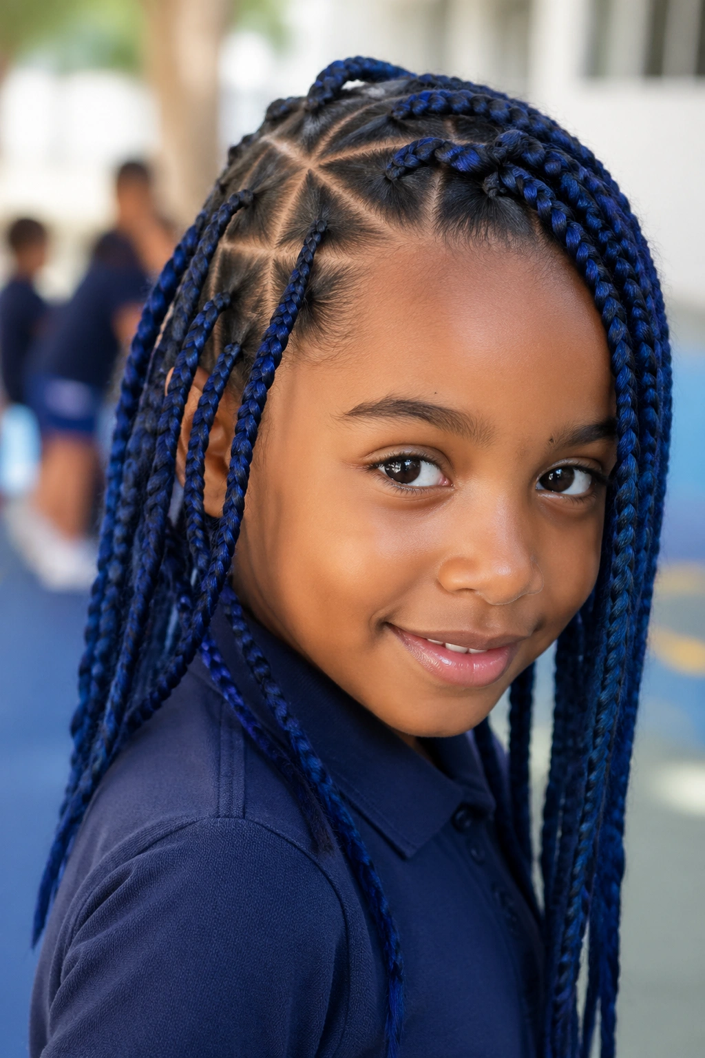 Child with triangle-part blue box braids in a schoolyard