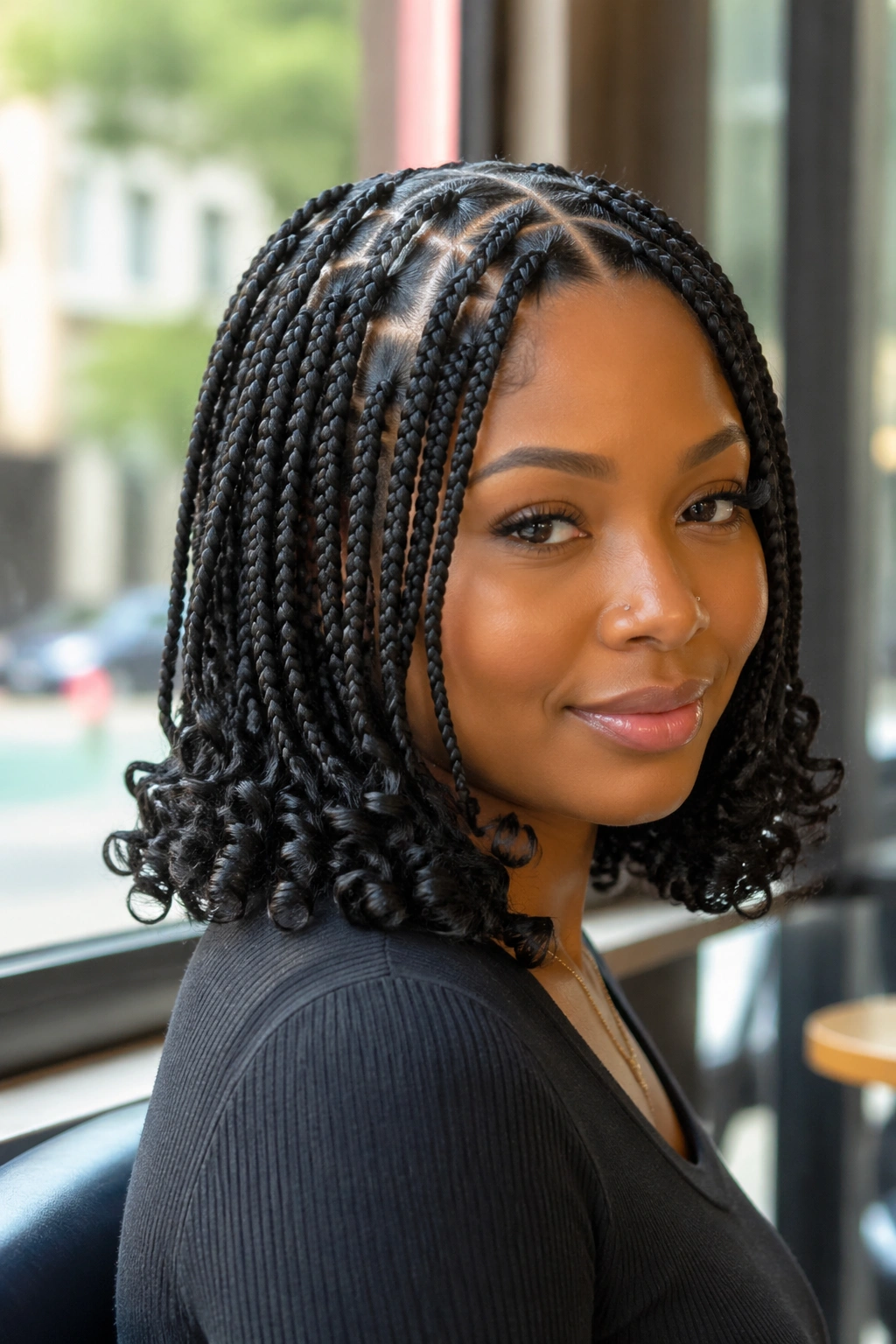 Close-up of a real woman with shoulder-length triangle-part bob and soft curly tips in natural daylight