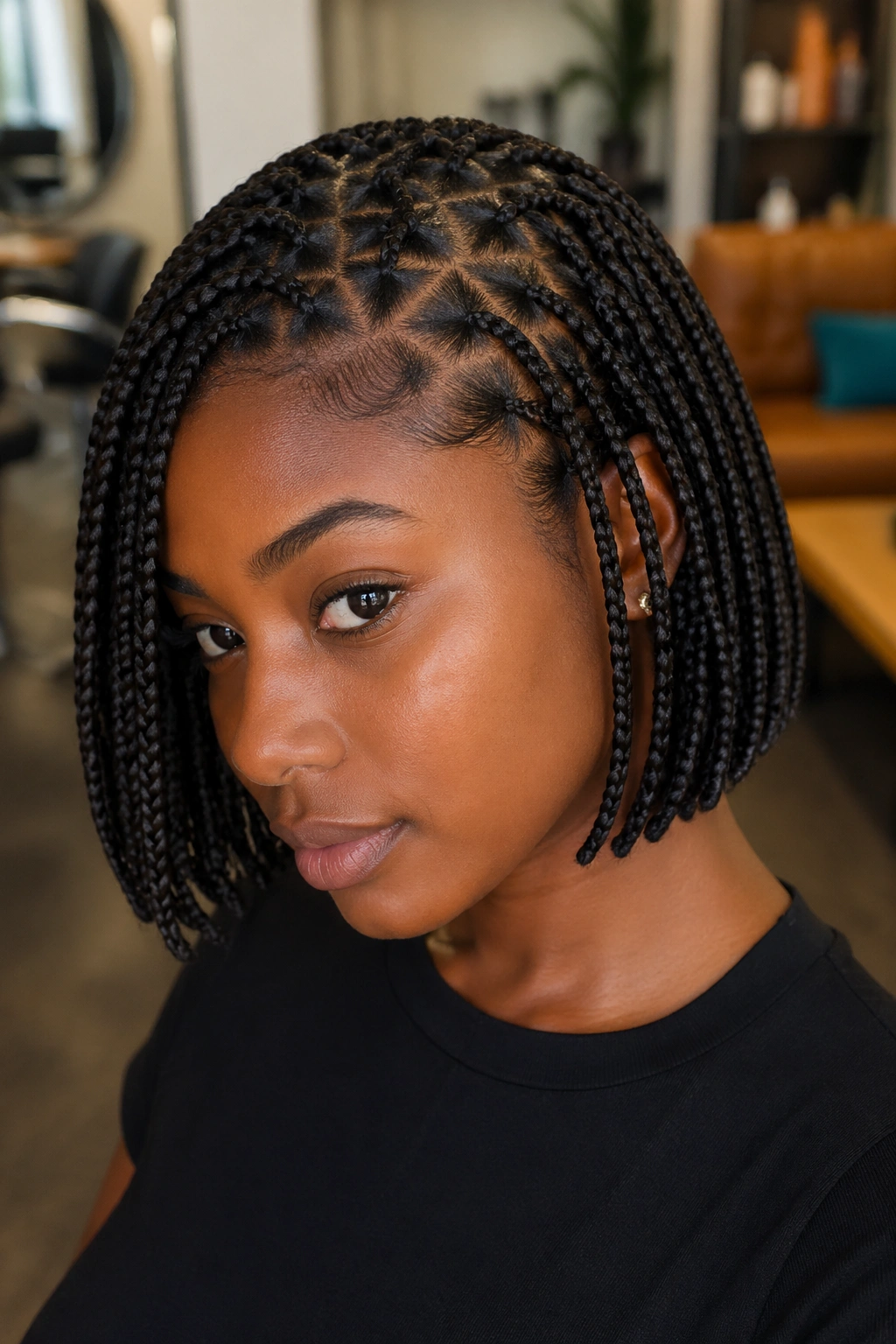 Close-up of a real woman with triangle-parted short bob in a warm salon