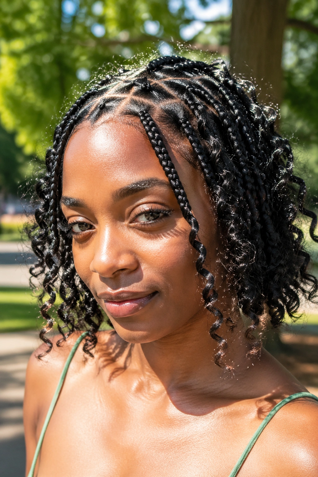 Real person with triangle-part knotless box braids showing visible scalp parting