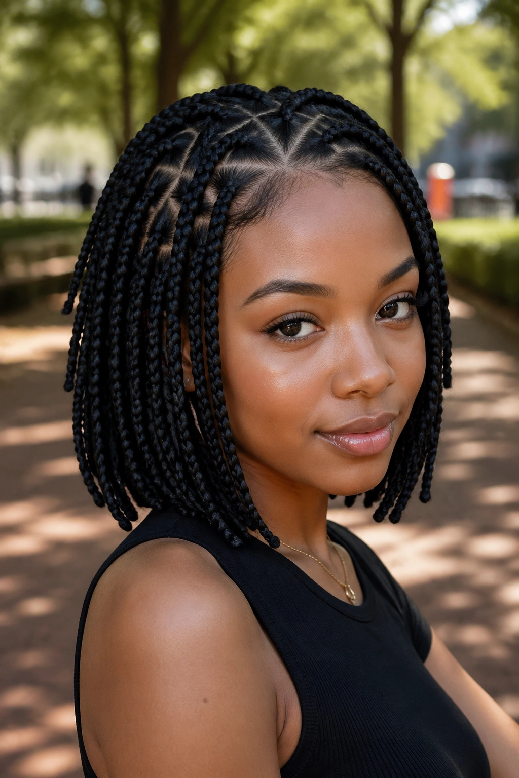 Real woman with triangle-part bob-length box braids
