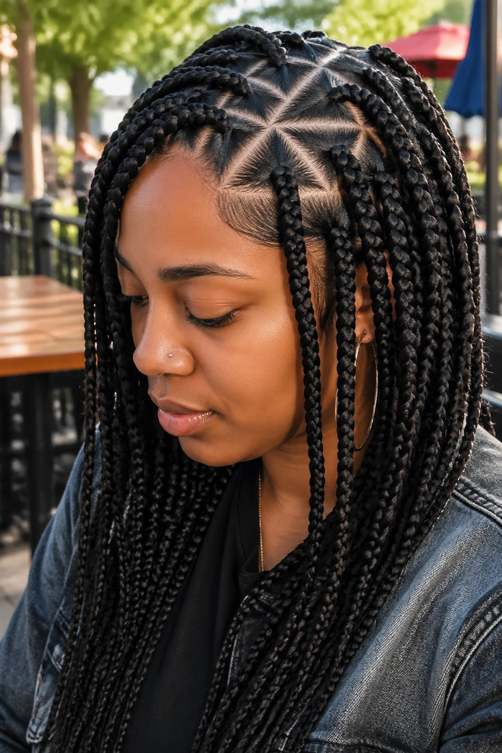 Real person with triangle-part box braids showing geometric triangular parts.