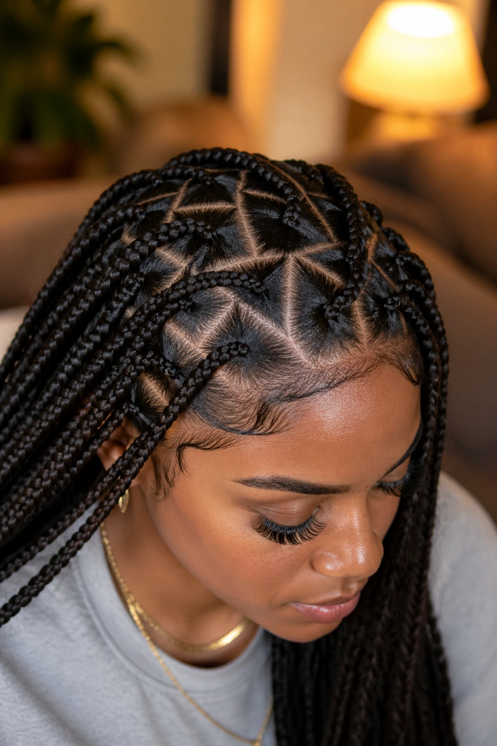 Portrait of a real person with triangle-part box braids at the crown
