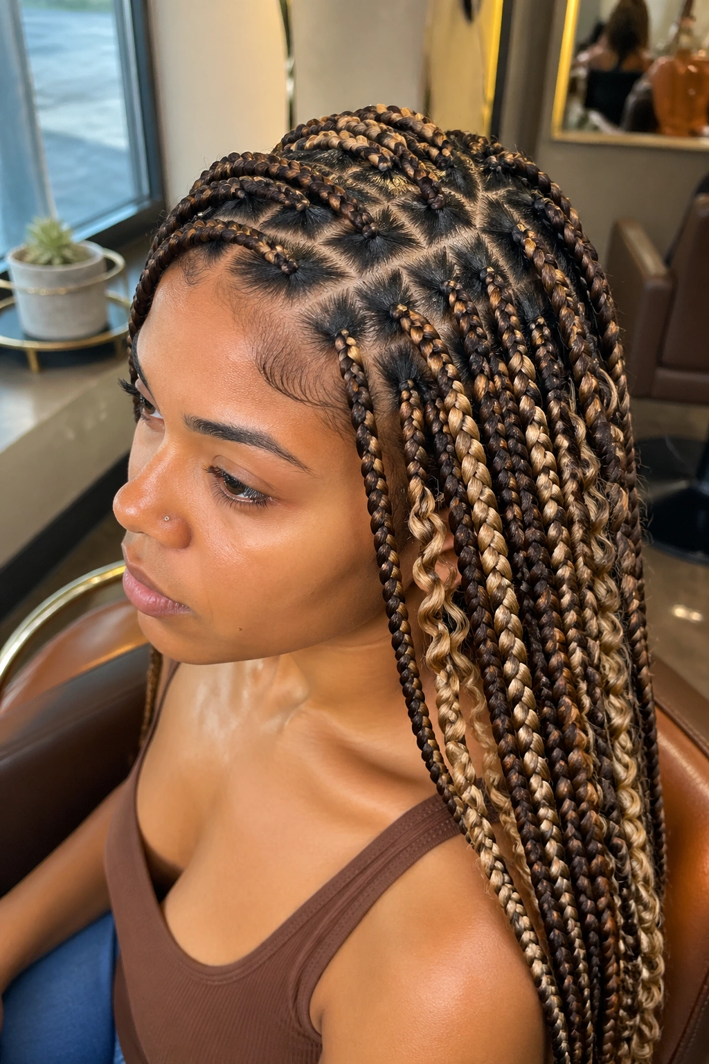 Close-up of a real woman with triangle-part brown and beige goddess box braids showing crisp scalp parting
