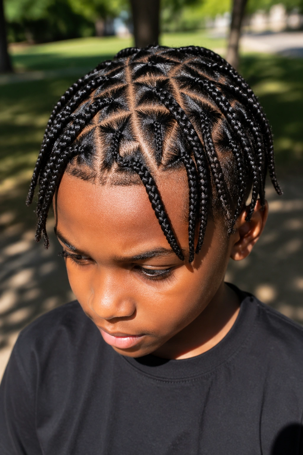 Real boy with triangle-part small box braids outdoors