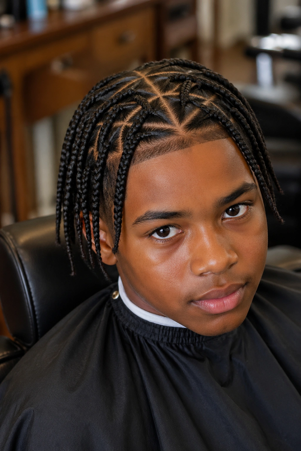 Close-up of a real boy with triangle-part medium box braids