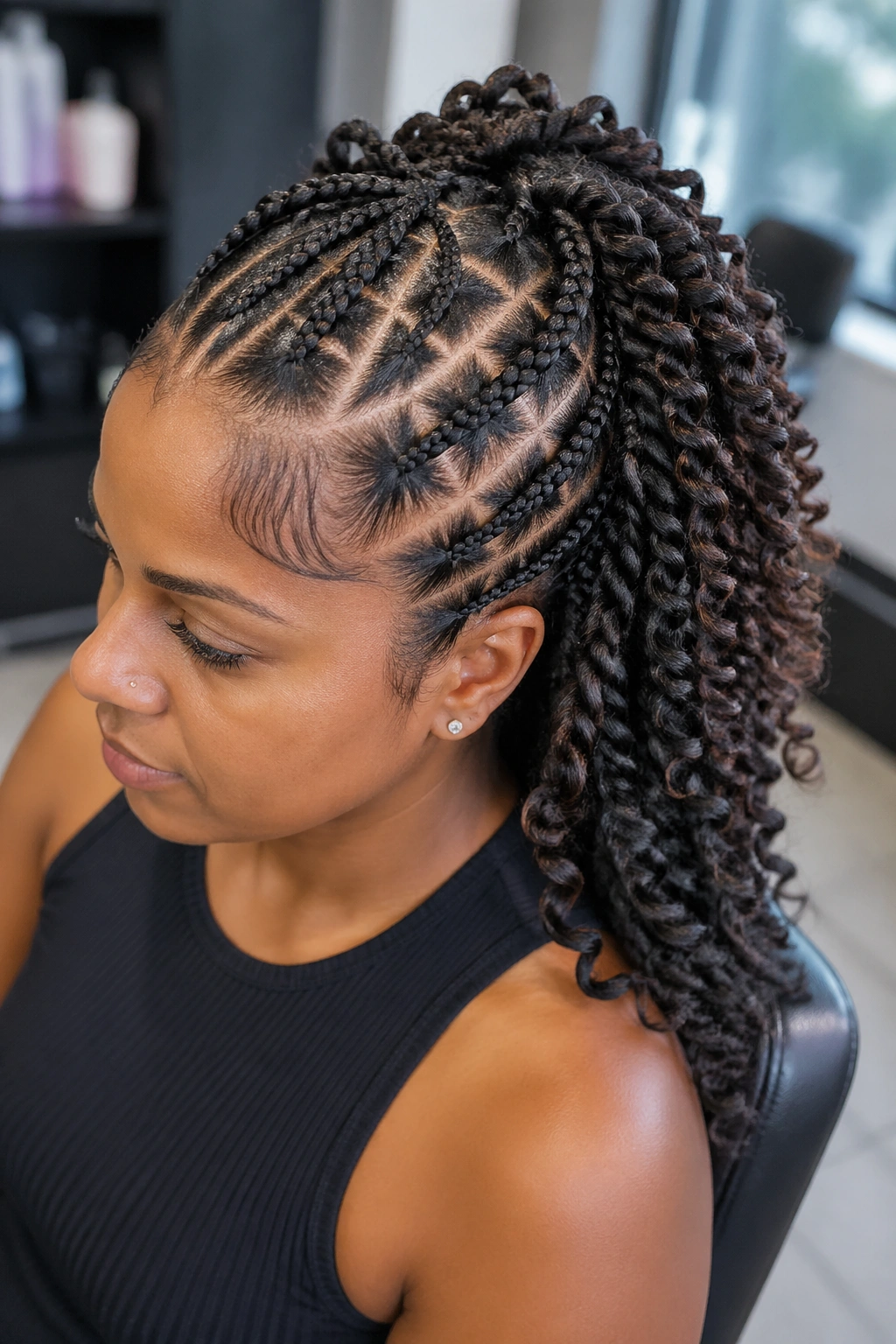 Close-up portrait of a real person with triangle-part box braids and crochet twists