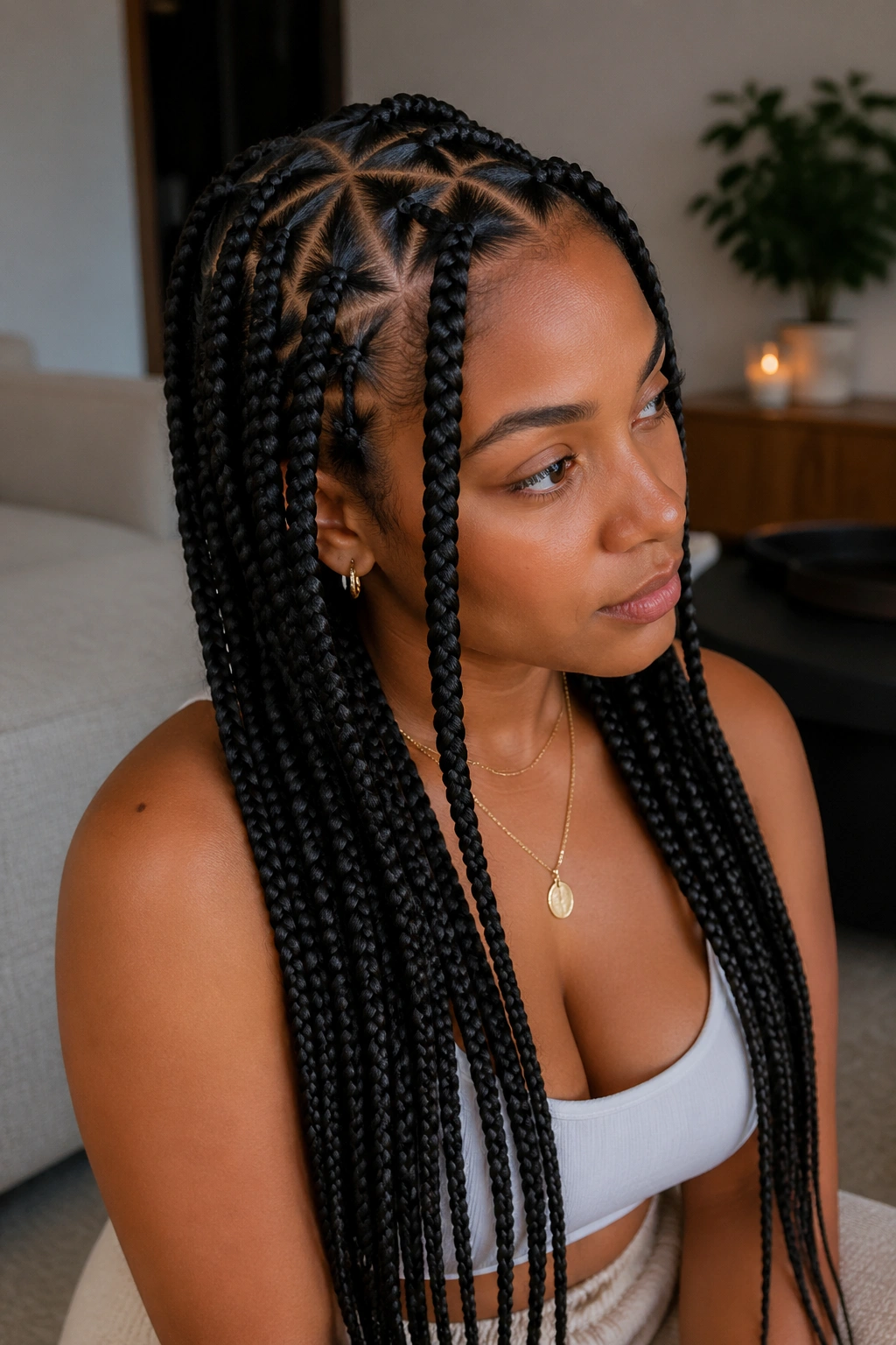 Close-up of a real woman with triangle-part medium feed-in box braids