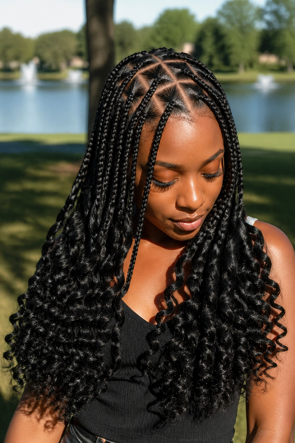 Portrait of a real woman with triangle-part braids and fluffy curly ends in natural outdoor light