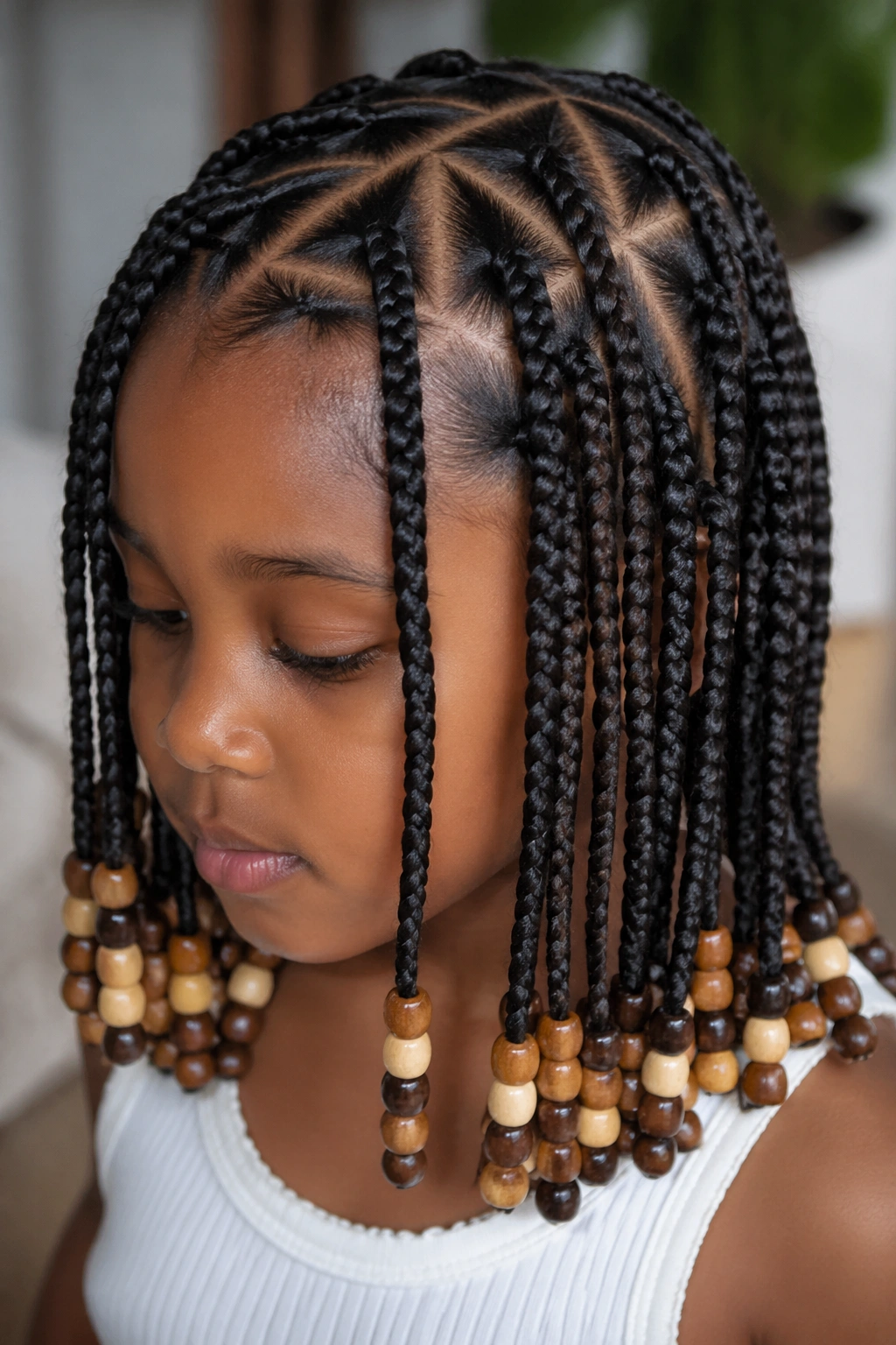 Close-up of a real child with triangle-part box braids and wooden beads