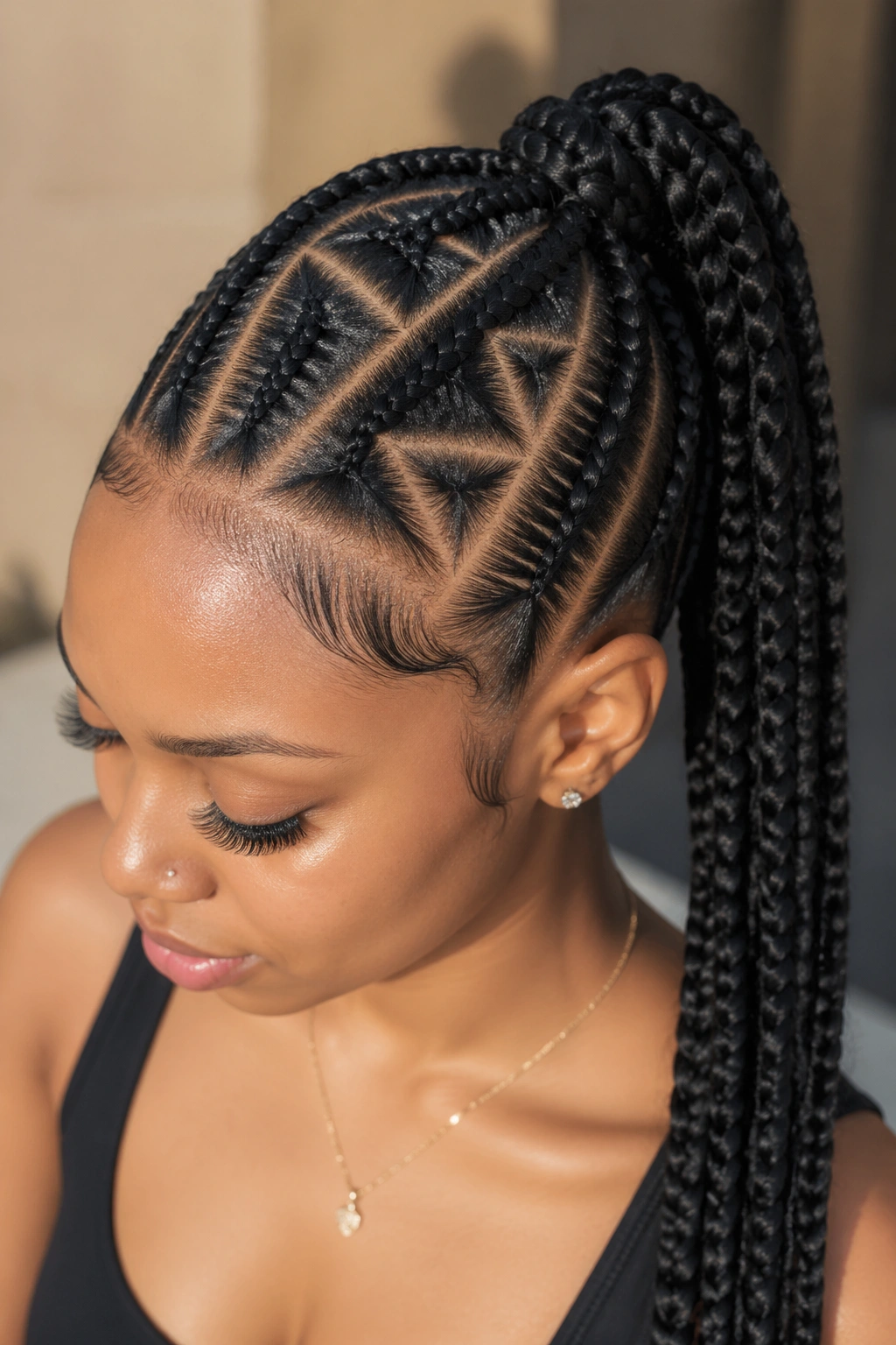 Close-up of a woman with triangle-part braid ponytail