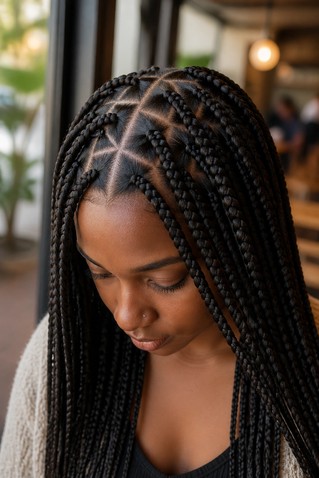 Close-up of a real woman with triangle-part box braids under cafe window light