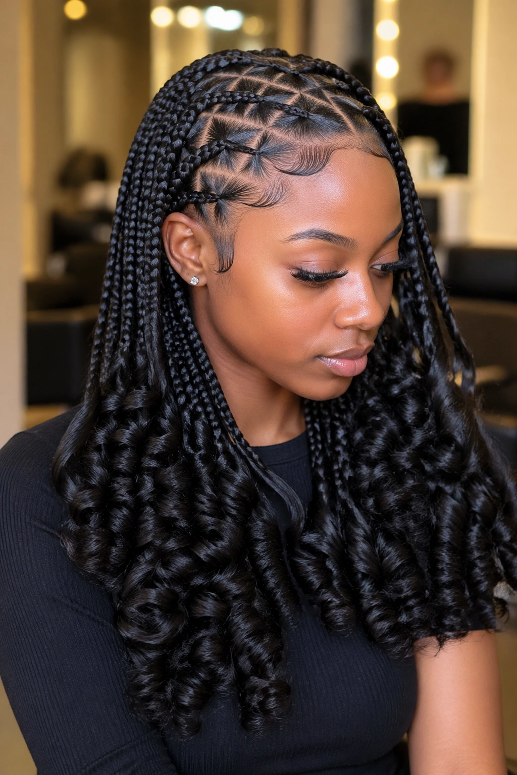Real woman with triangle-part box braids and big curly ends with slicked base in a salon