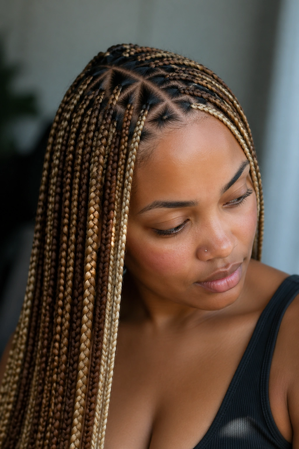 Close-up of triangle-part blonde and brown knotless braids on a real person