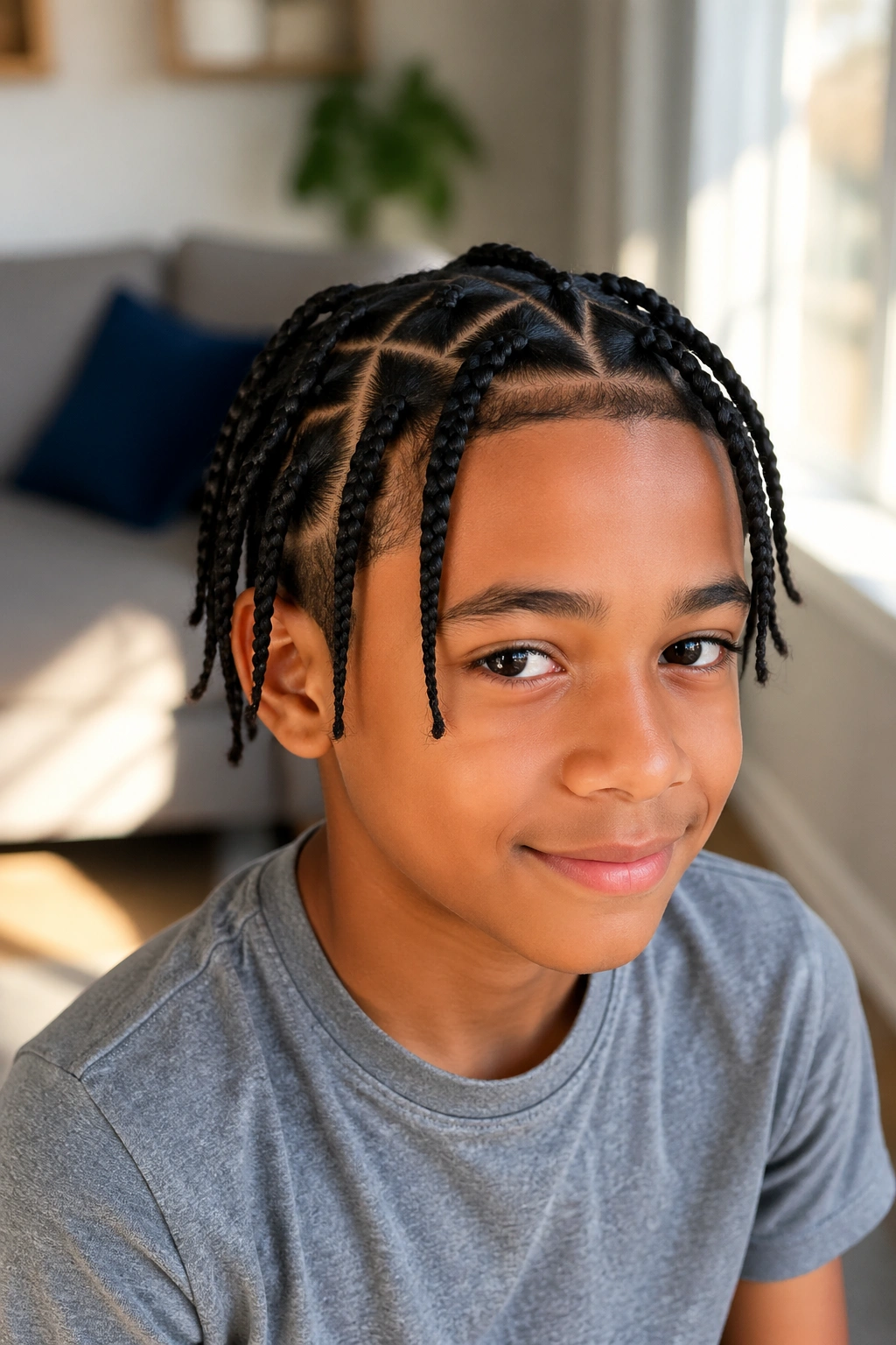 Close-up portrait of a real boy with triangle-part braids in a bright room.