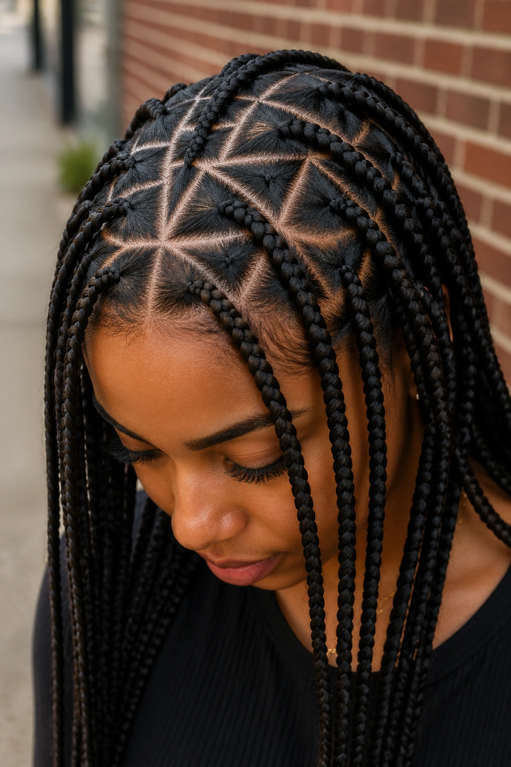 Medium close-up of a real woman with triangle-part braids hairstyle