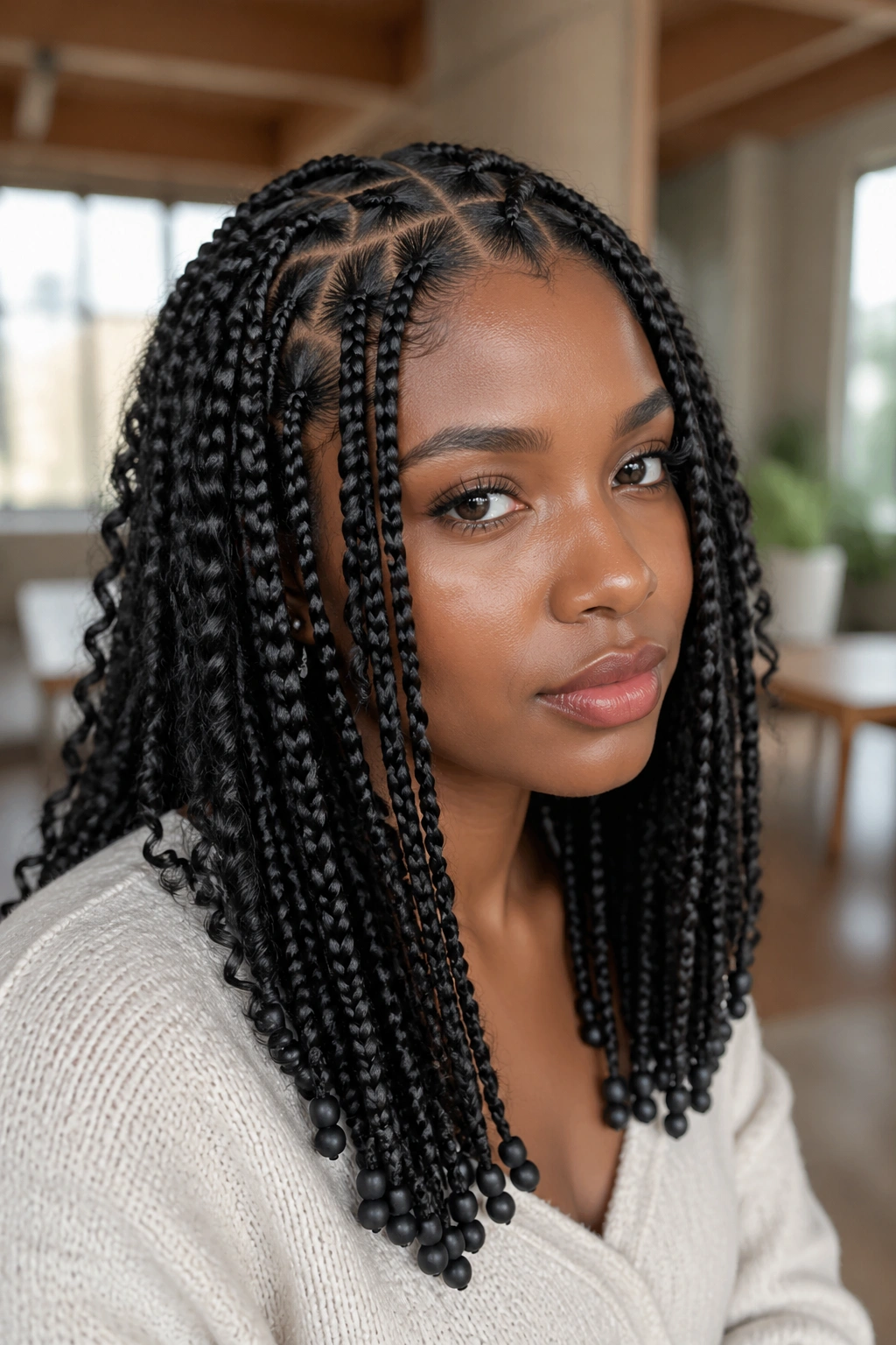 Close-up of a real woman with triangle-part goddess box braids and matte black beads