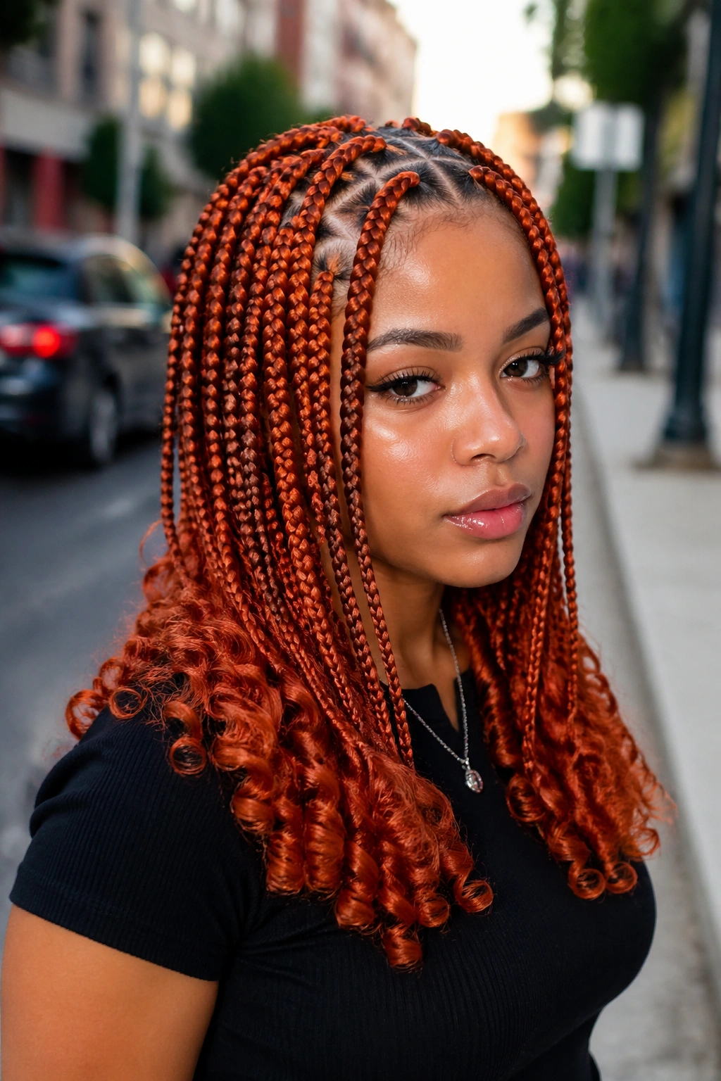 Medium close-up of triangle-part orange box braids with bouncy ends on a real person