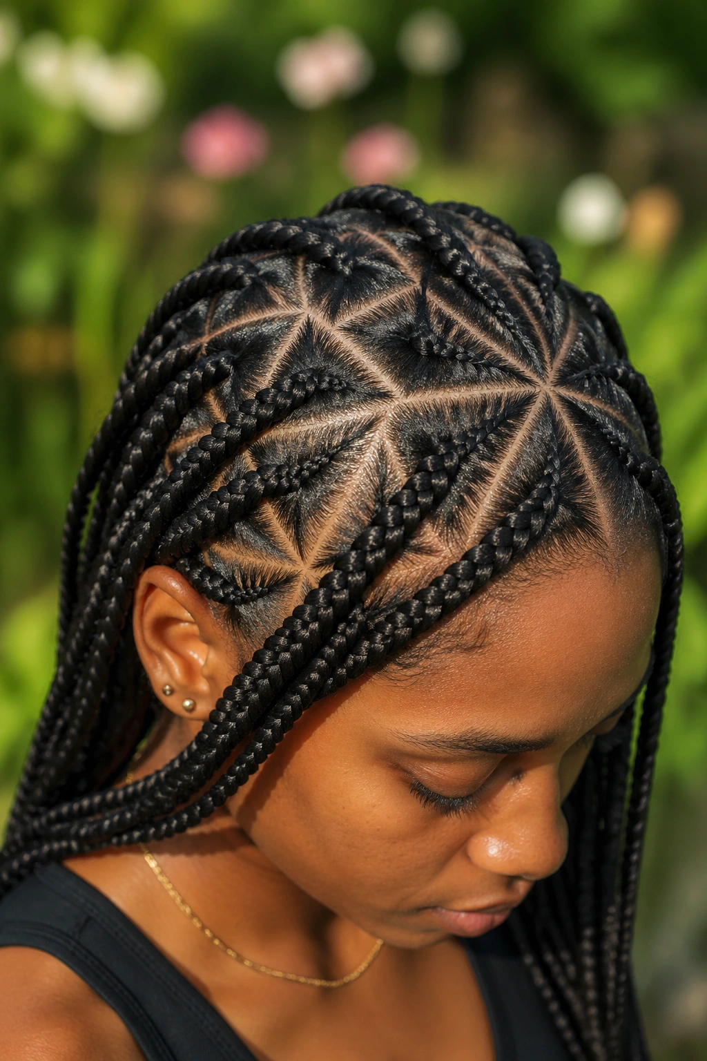 Close-up of triangle-part braids on a real person's scalp outdoors