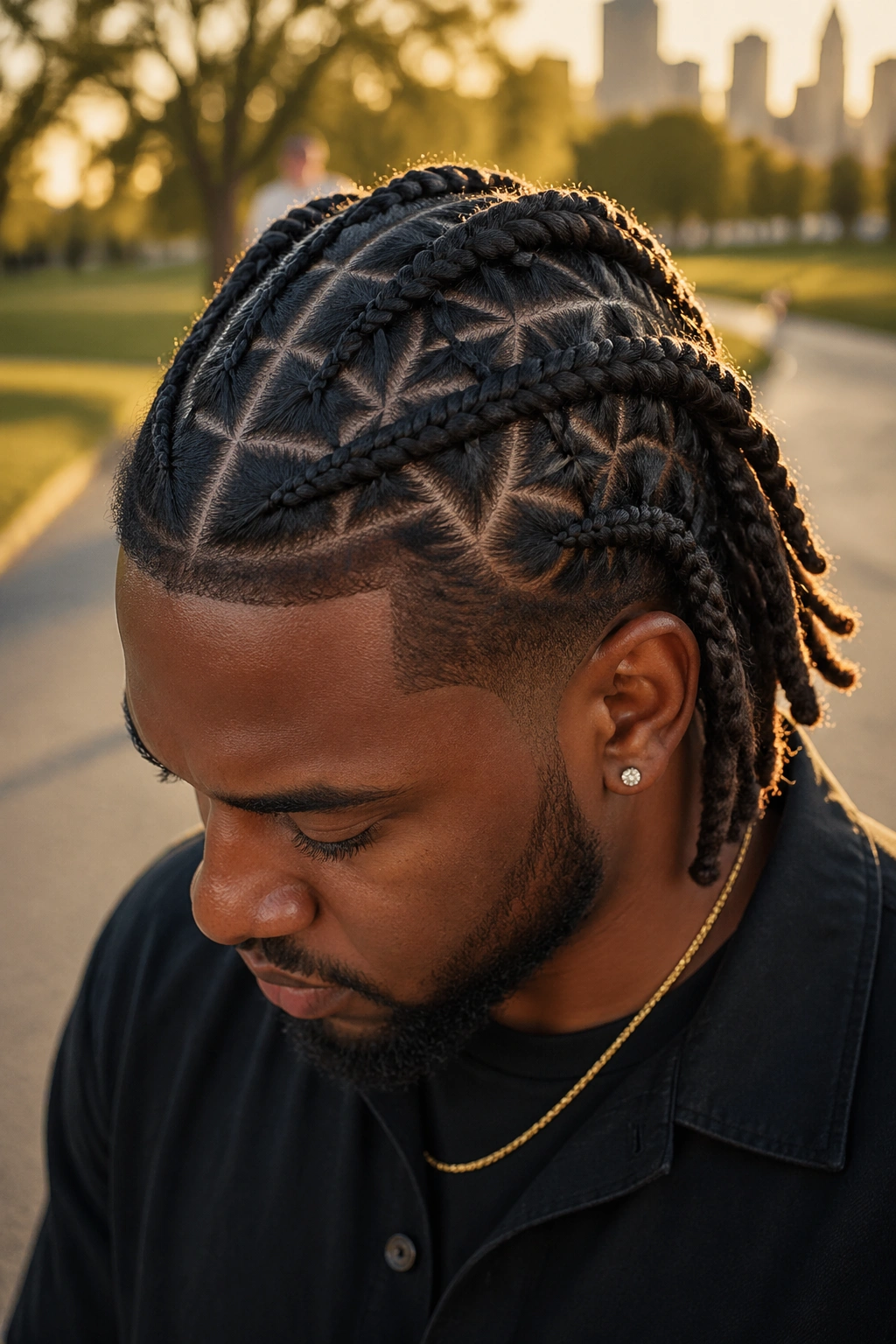 Close-up of a man with triangle-part braids on the scalp