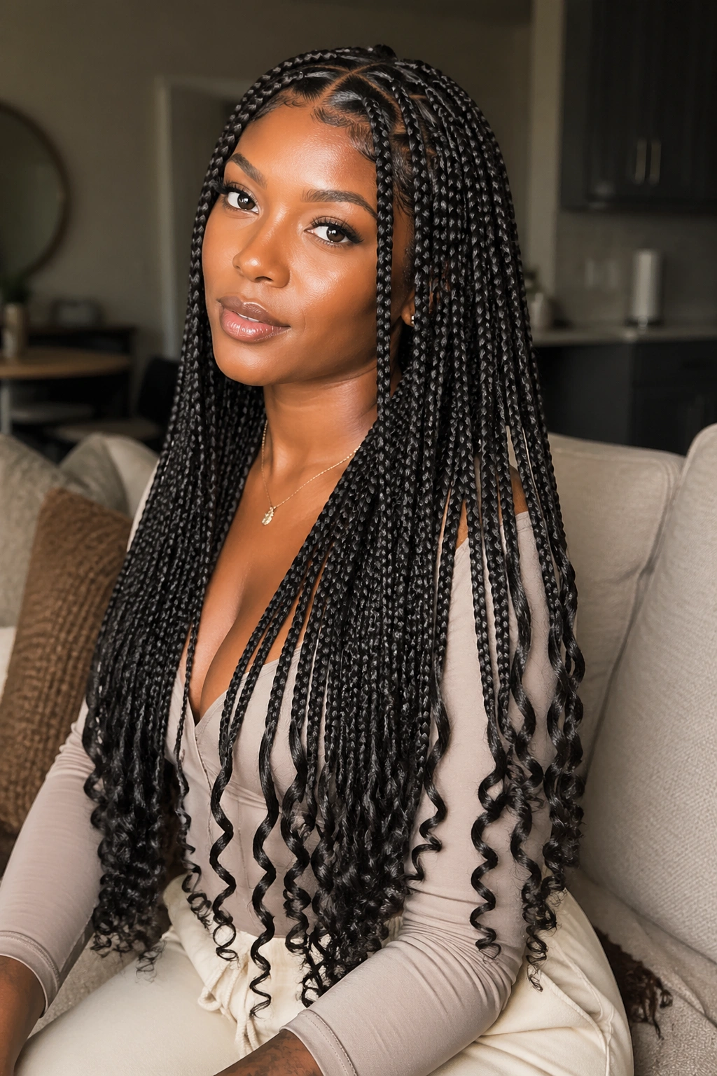 Close-up of a real woman with waist-length triangle-part box braids and spiral ends in warm natural light