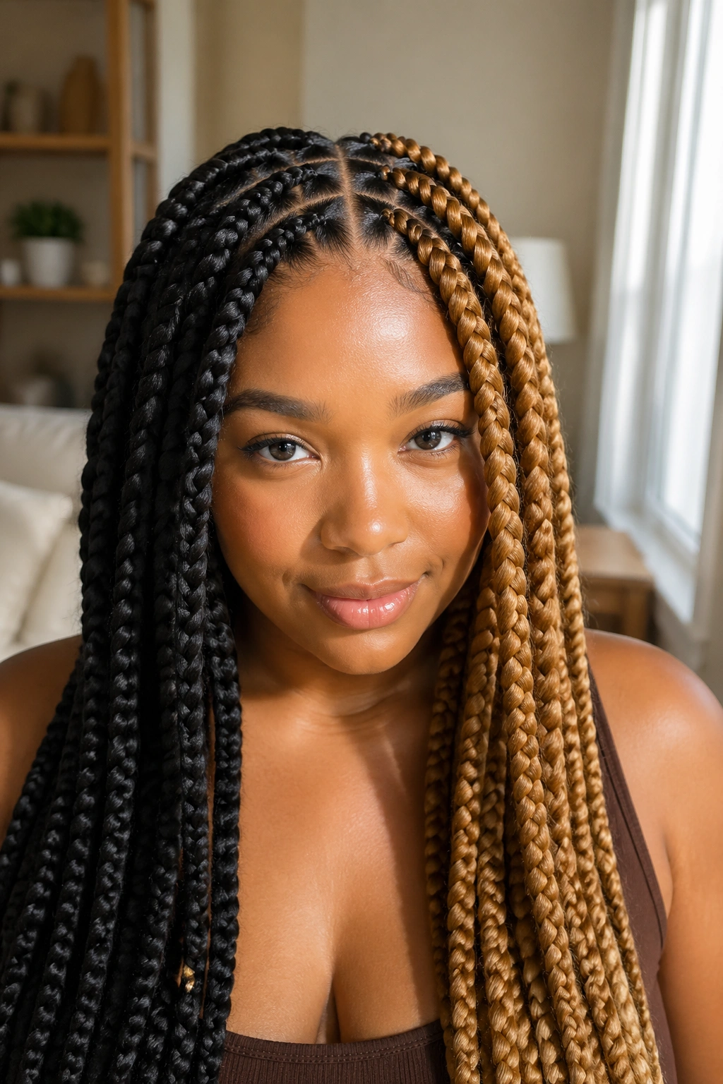 Real woman with triangle-part jumbo braids showing split color