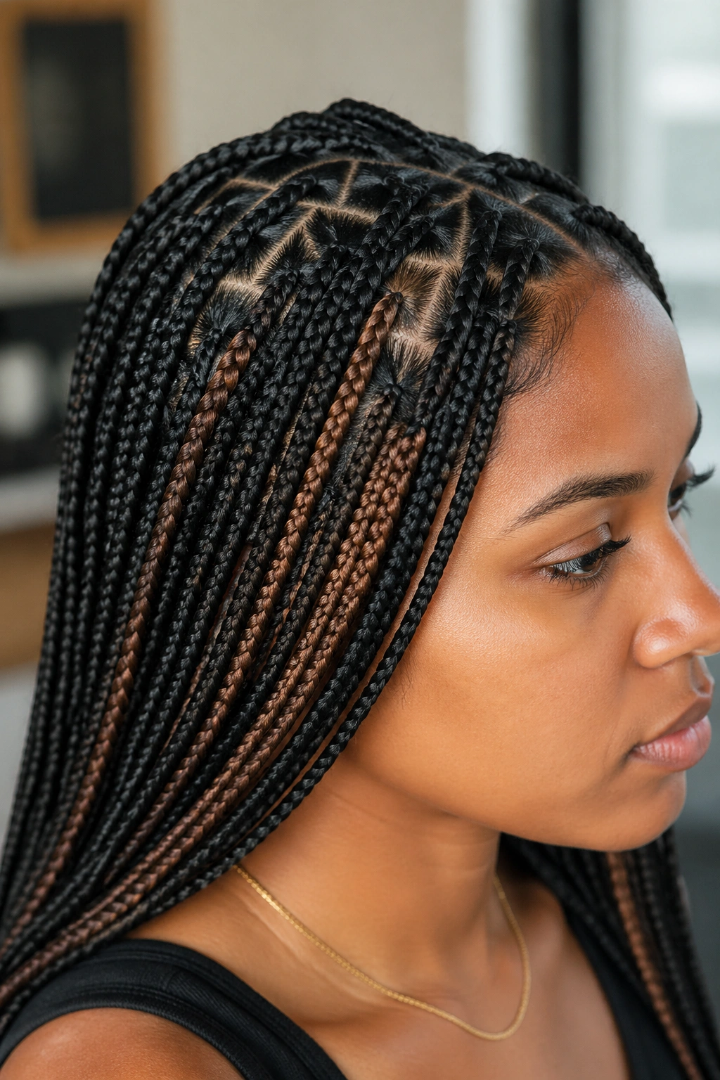 Close-up of a real woman with triangle-part brown knotless box braids