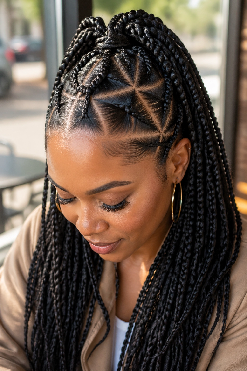 Close-up of a real woman with triangle-part butterfly braids in warm cafe light