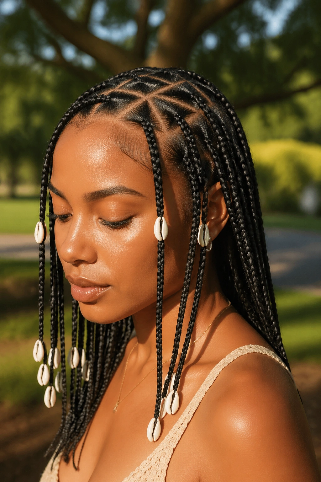 Real woman with triangle-part Fulani braids and shell beads.