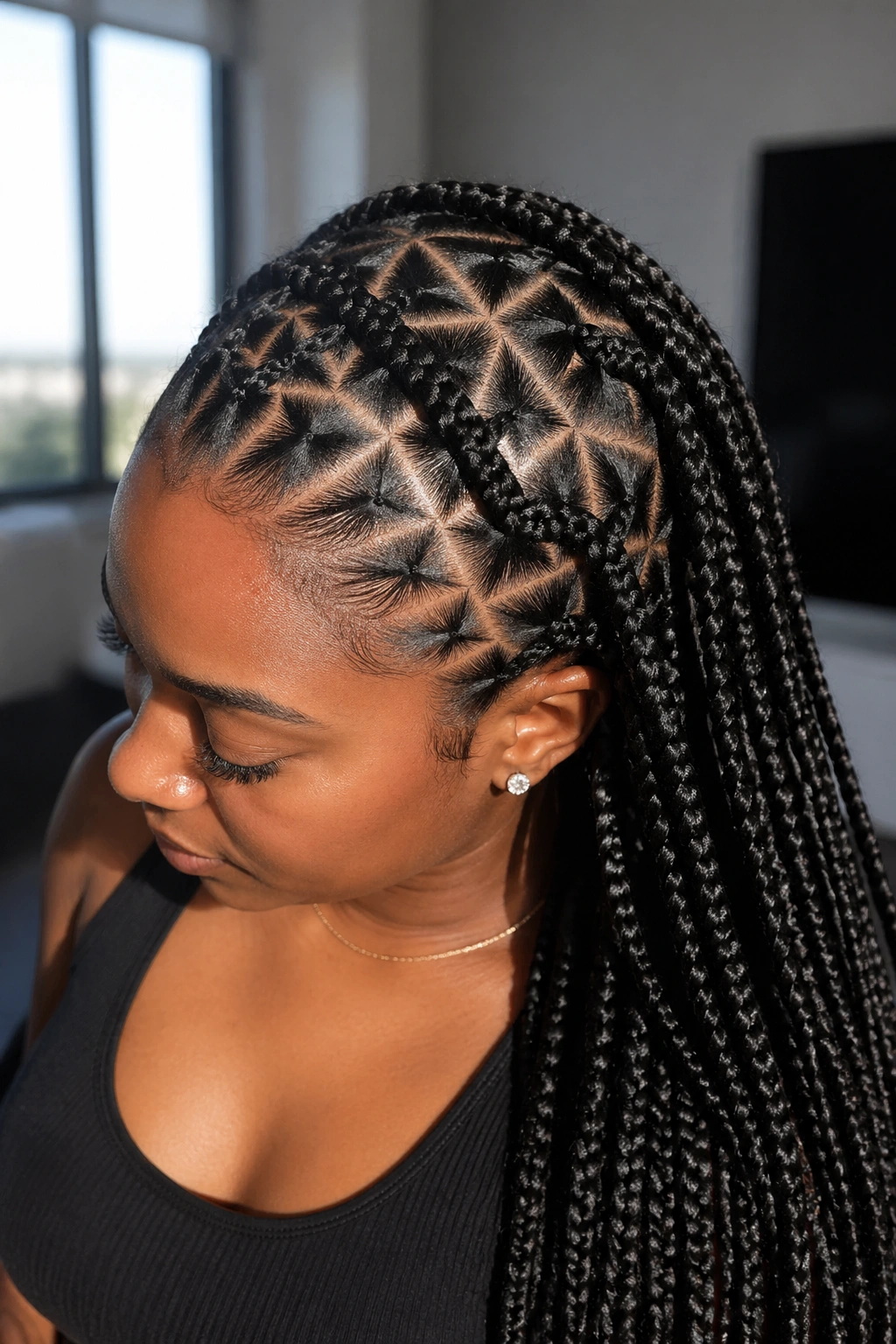 Real woman's goddess braids with triangle parts visible