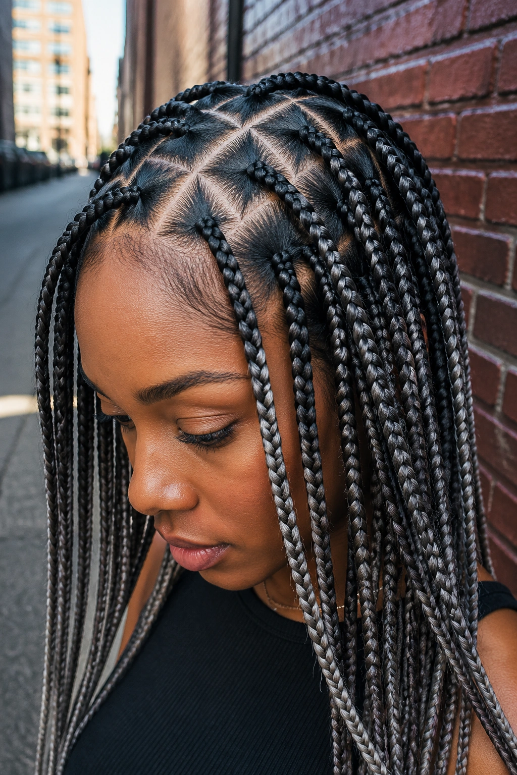Triangle part grey highlighted box braids close-up on a real person