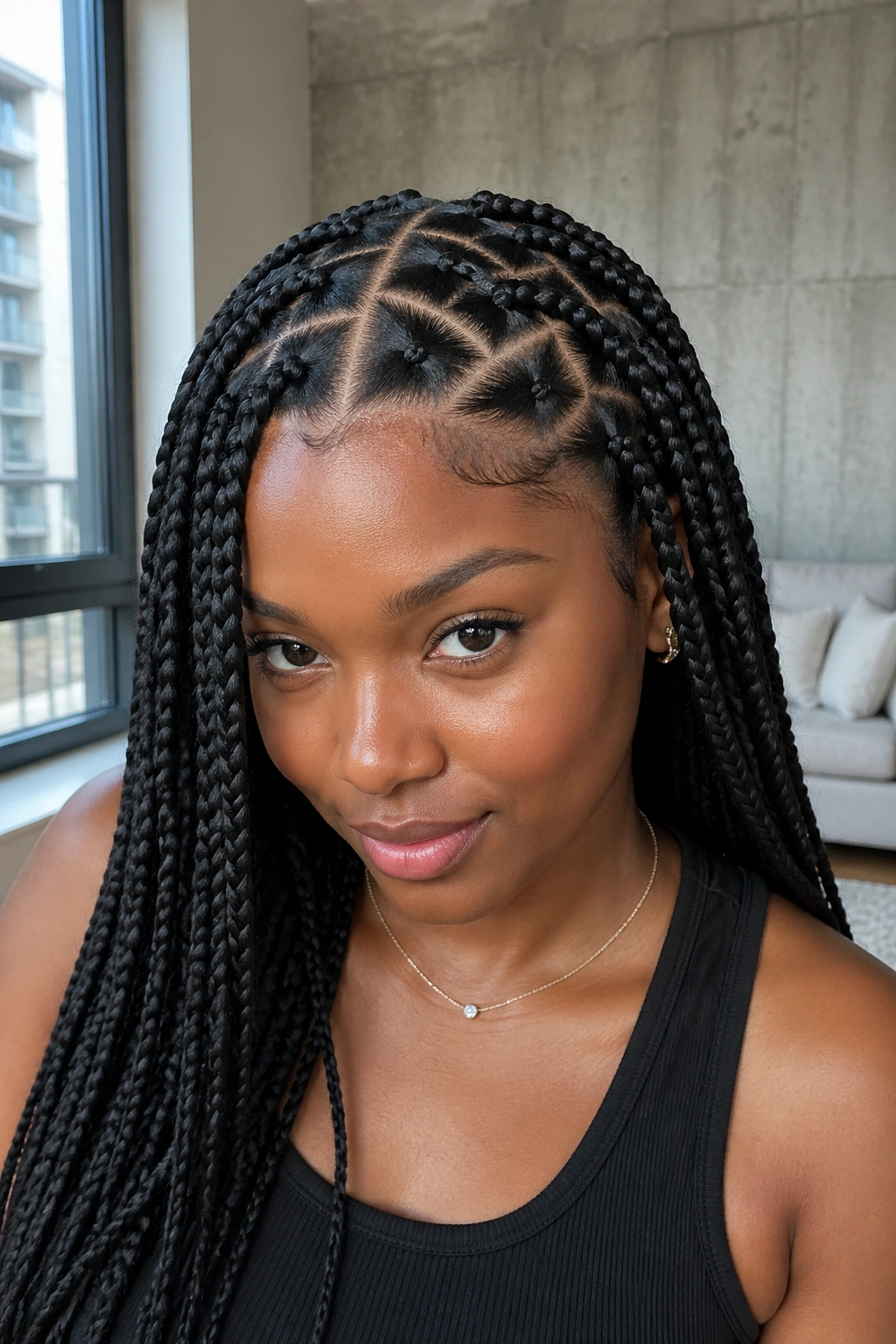 Close-up of triangle-part jumbo knotless braids showing scalp geometry