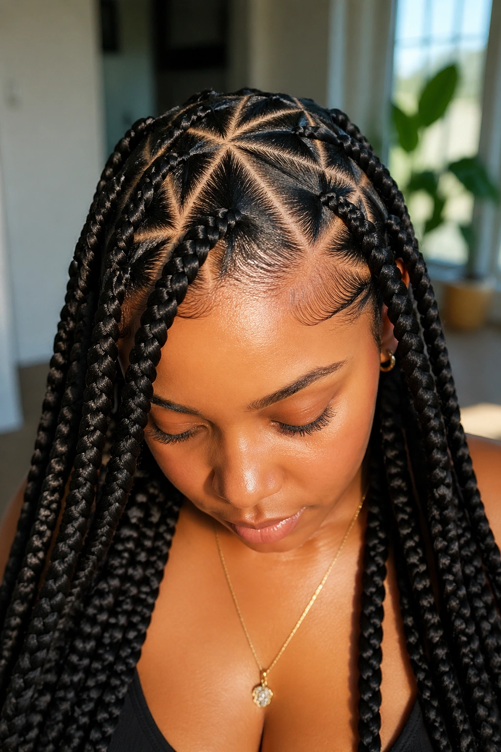Real woman with triangle-part jumbo feed-in braids showing a graphic scalp pattern