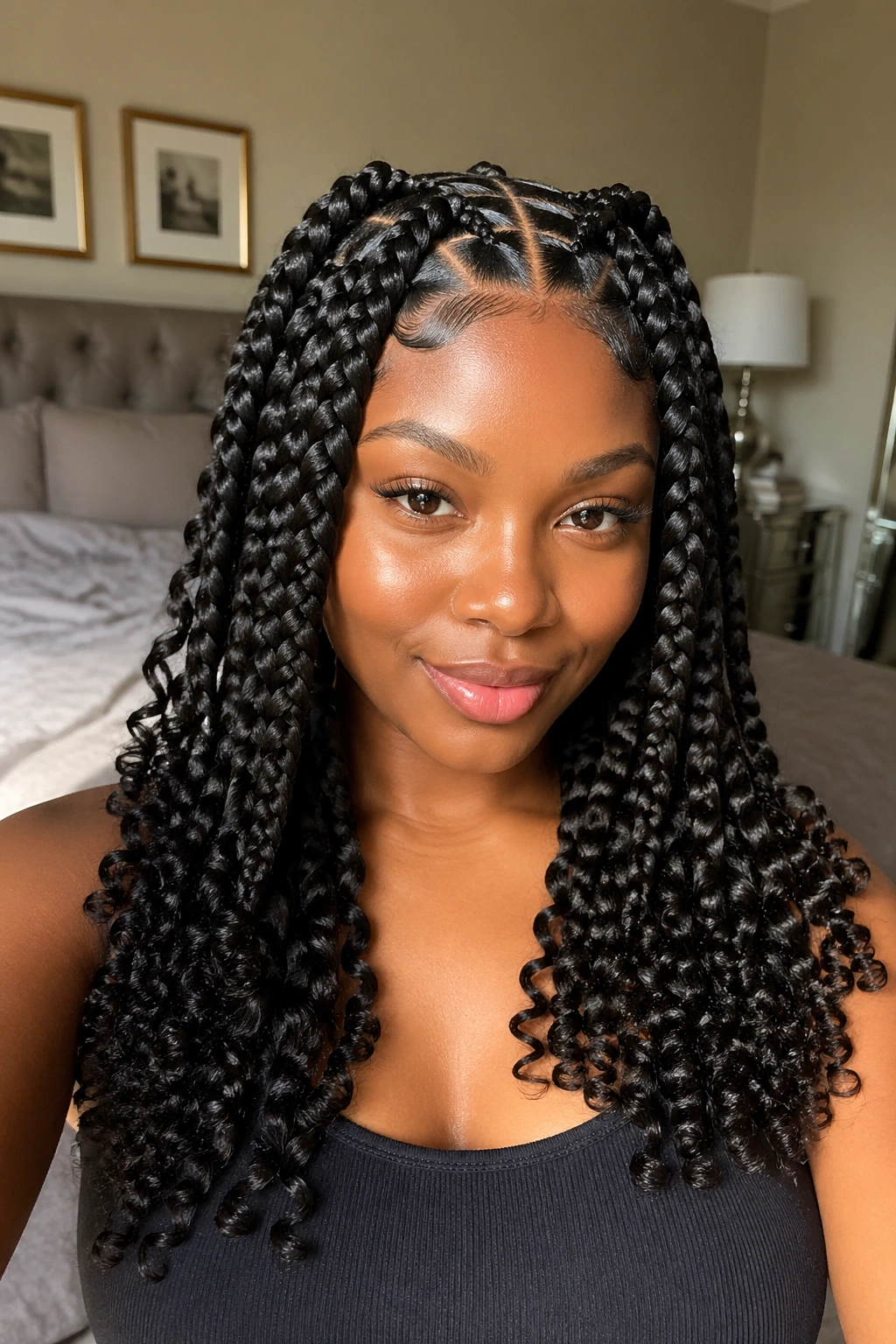 Front portrait showing triangle-part jumbo goddess box braids with curly ends