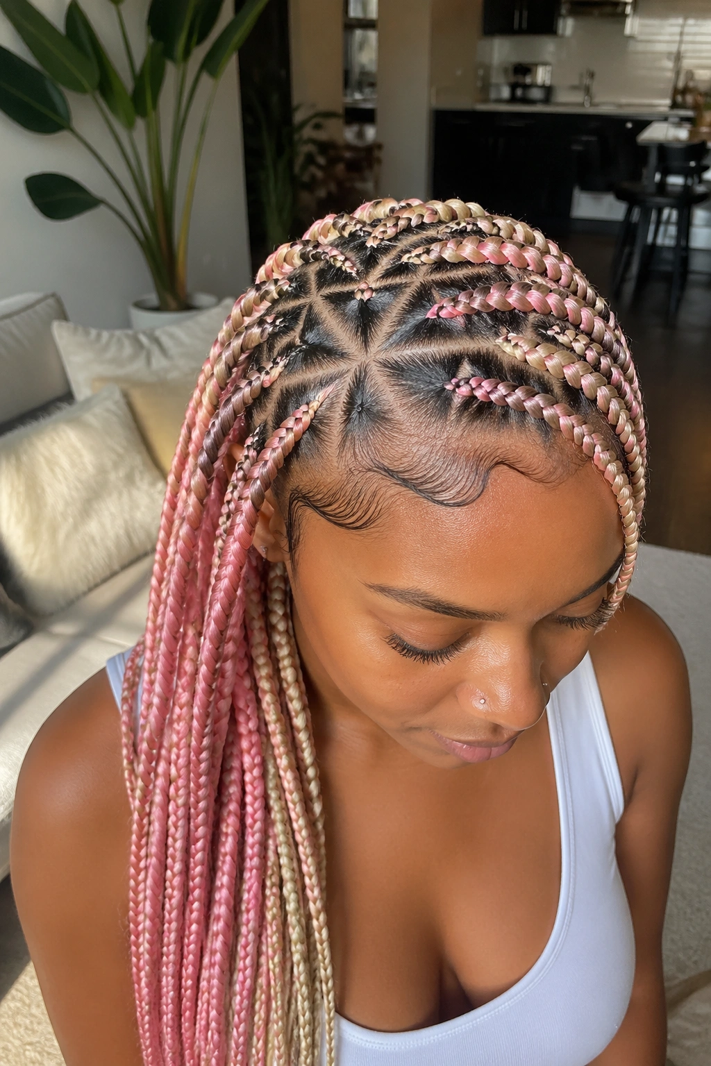 Real person with triangle-part blonde and pink knotless braids