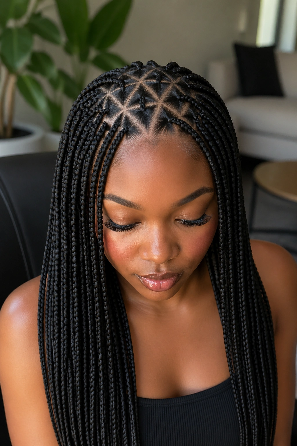Close-up of a real woman with triangle parting on knotless braids across the crown