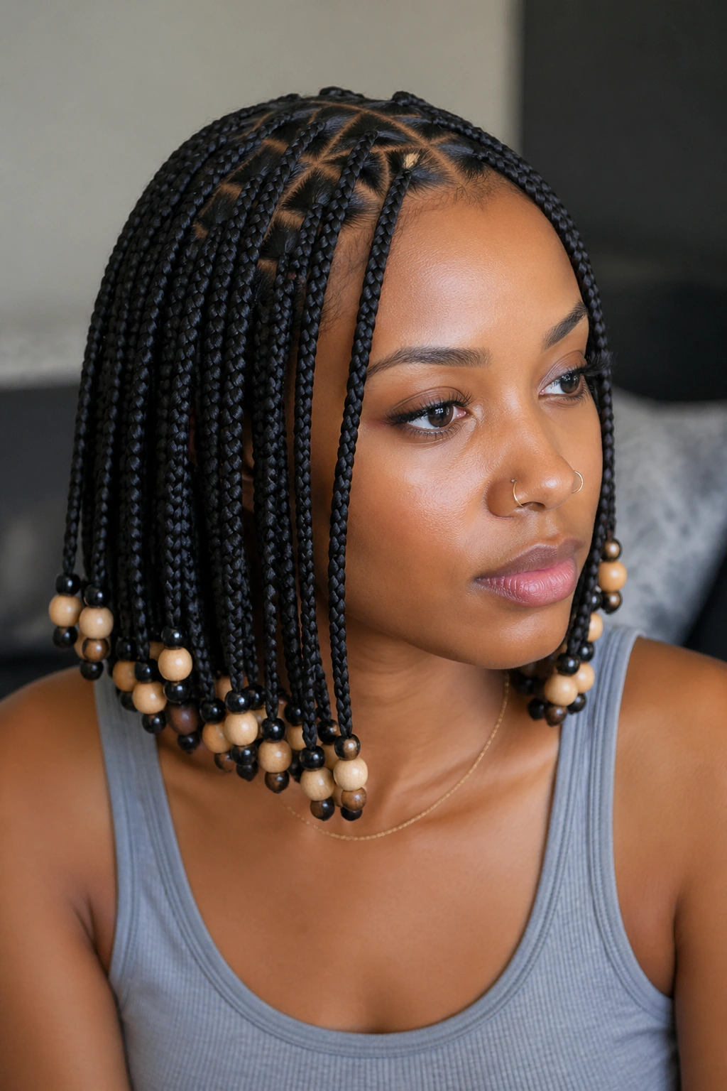 Close-up portrait of a real person with Triangle-Part Bob With Mixed Bead Sizes