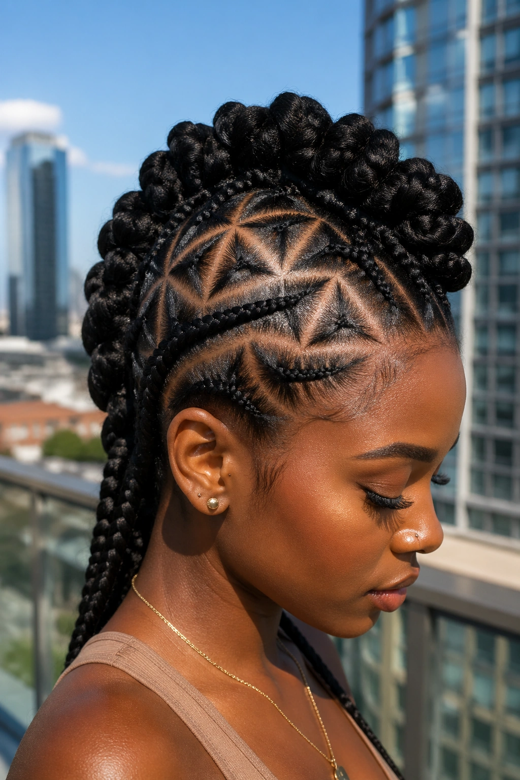 Close-up portrait of a real woman with triangle-part mohawk braids.