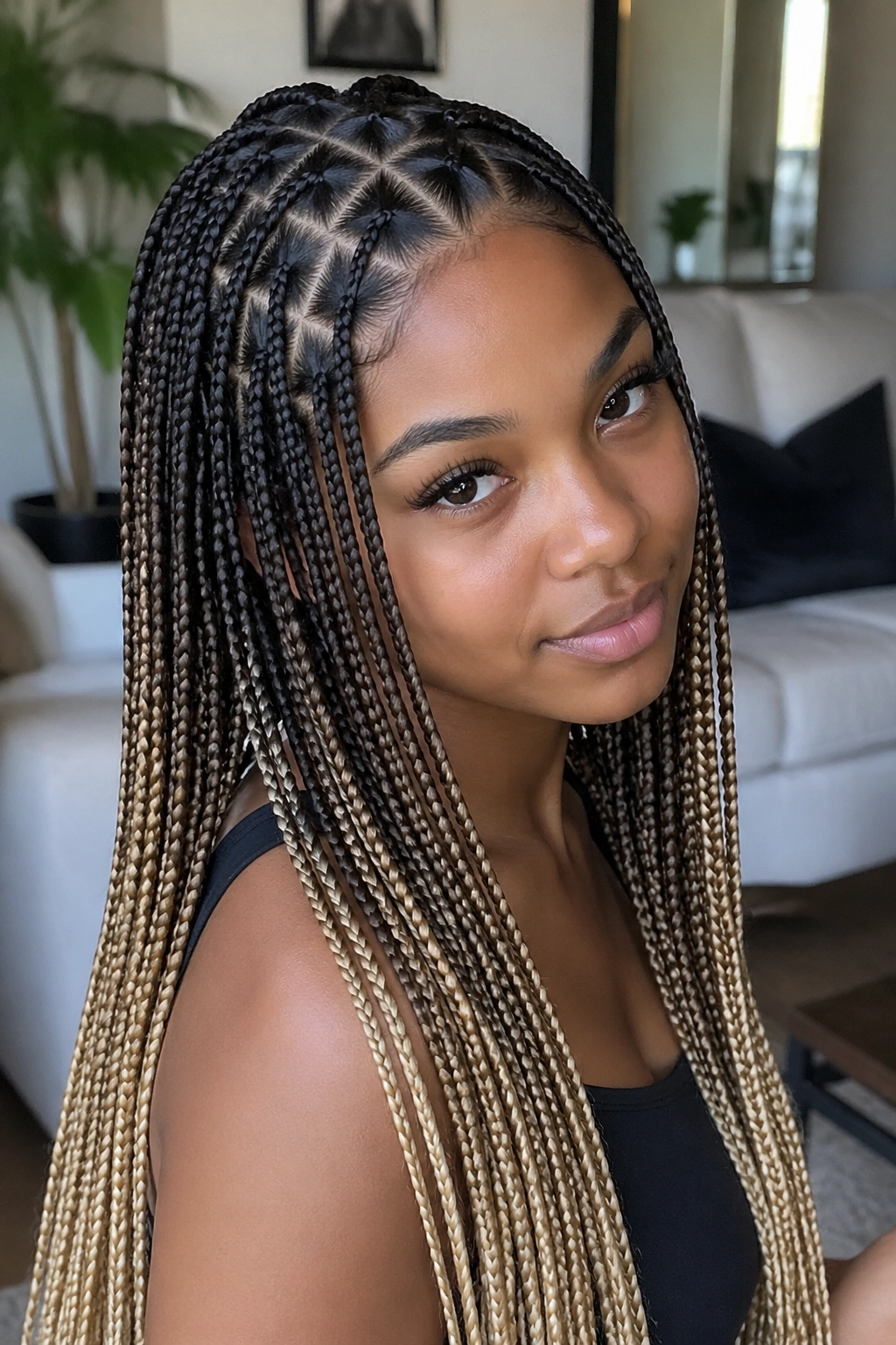 Real person with triangle-part ombré box braids showing triangular scalp parts.
