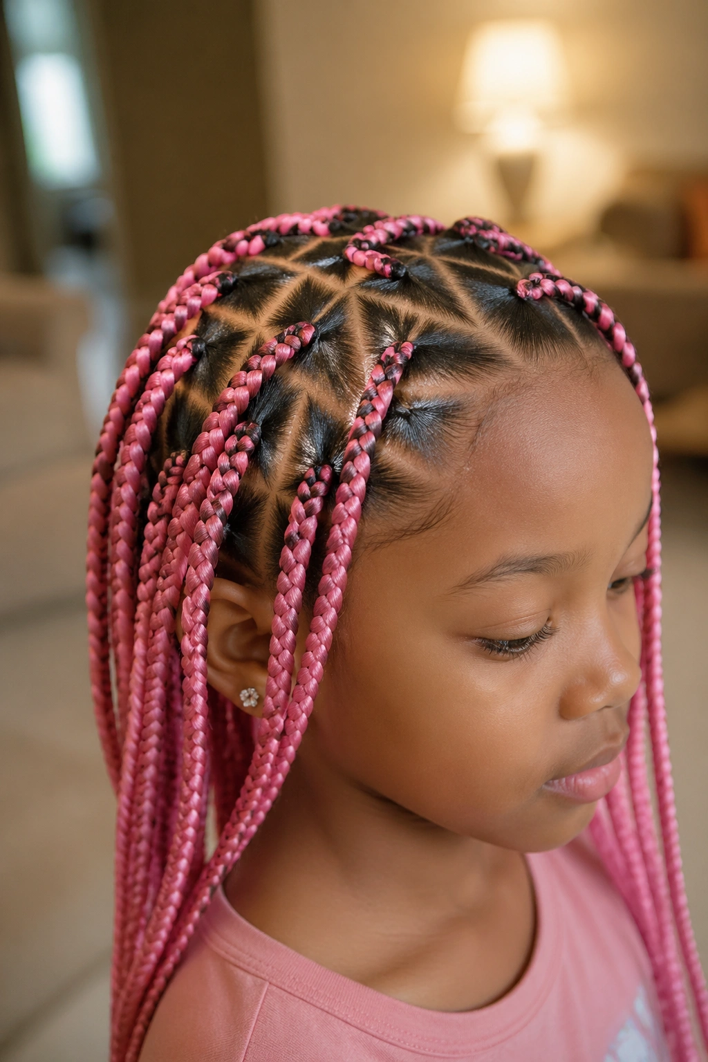 Real child with triangle-part pink box braids in a warm living room.