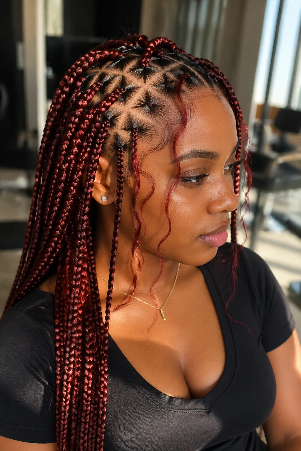 Close-up of triangle-part red braids with loose tendrils on a real person in a sunlit salon