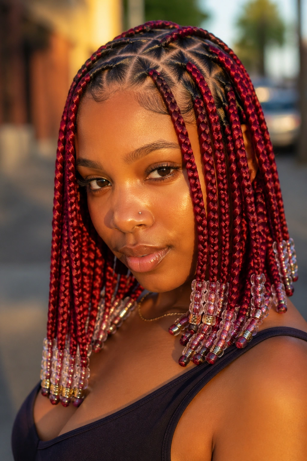 Close-up of a real woman with triangle-part red knotless braids and beads outdoors