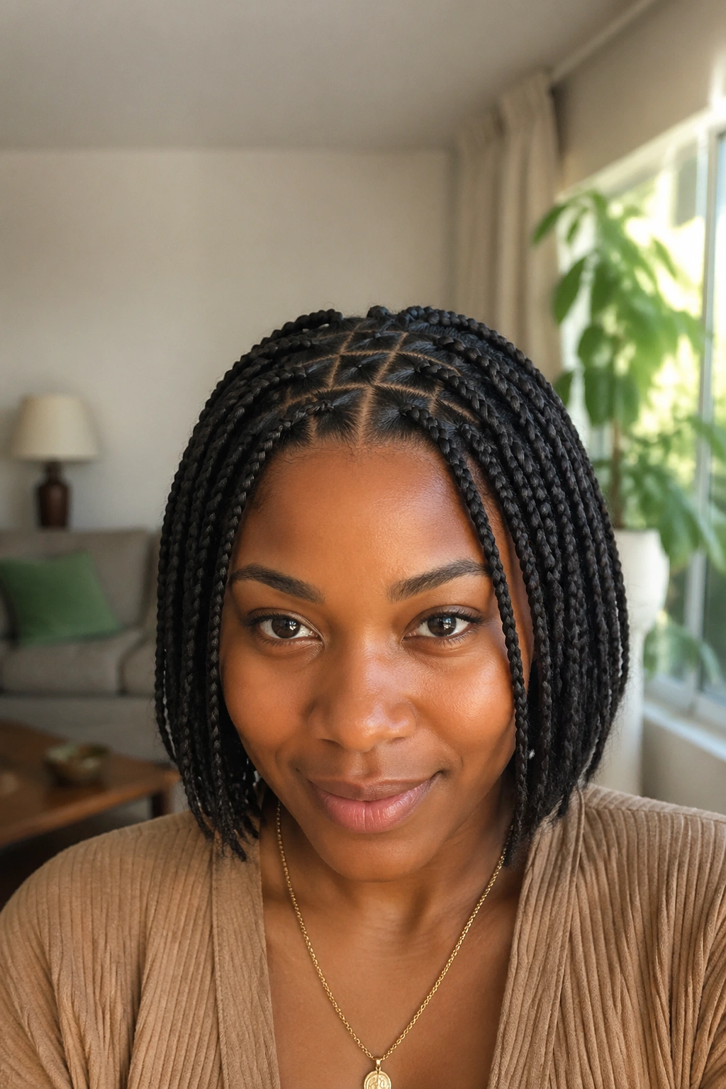 Front portrait of triangle-part short braids on real woman