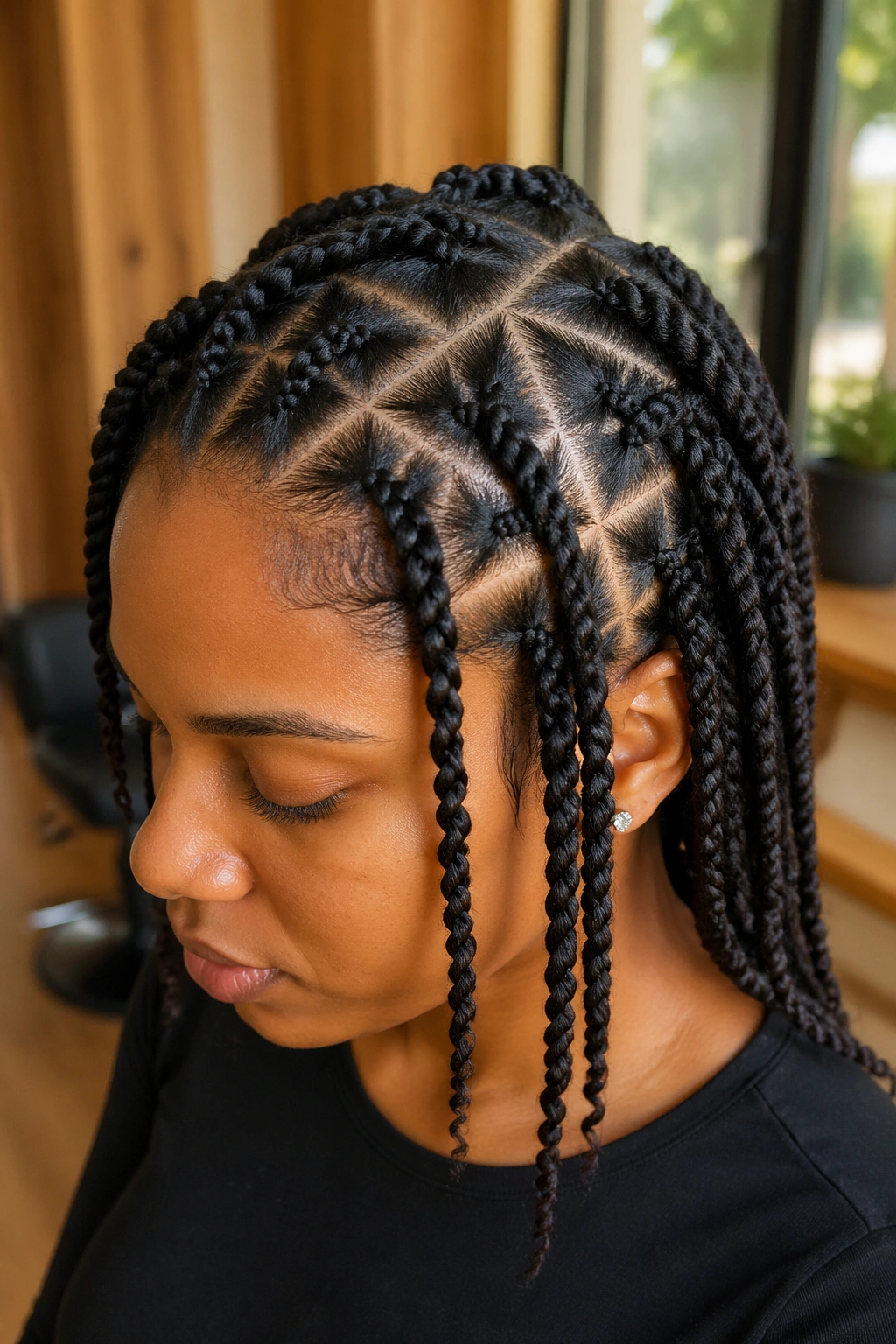 Close-up of triangle-part twists showing triangular scalp parts on a real woman.