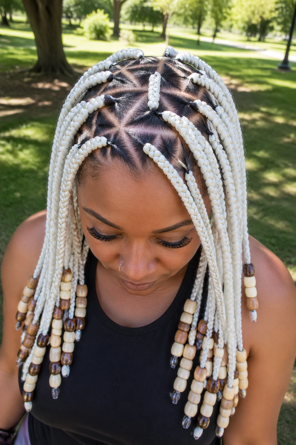 Close-up of a real woman with triangle-part white box braids and beads