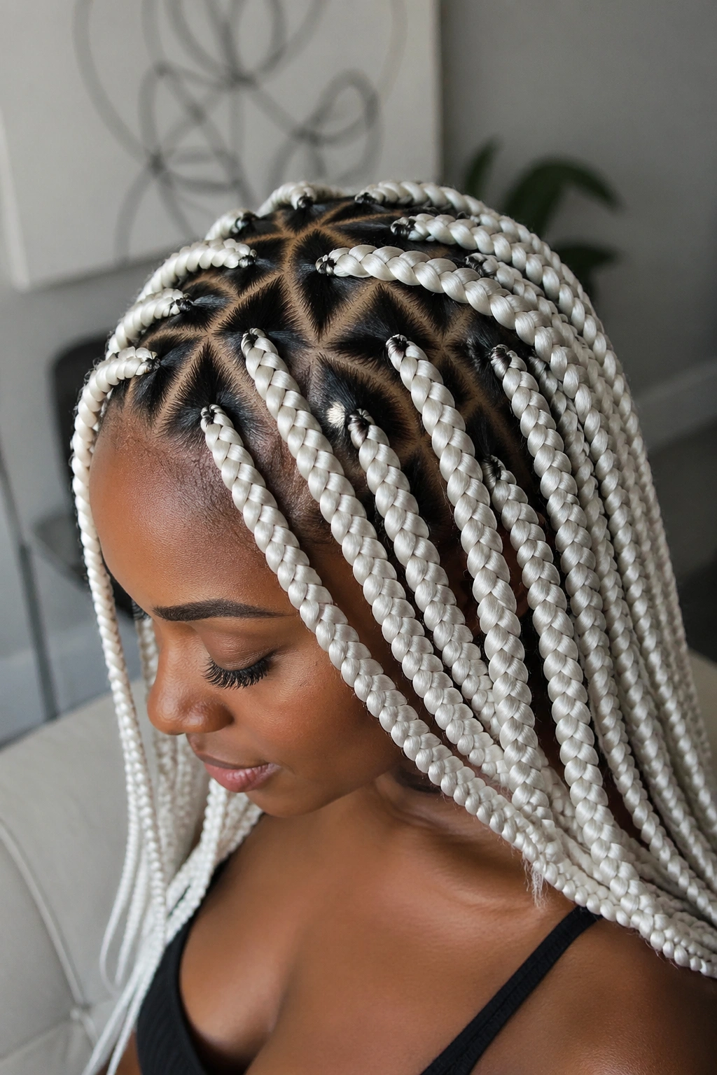 Close-up of triangle-part white box braids on a real woman